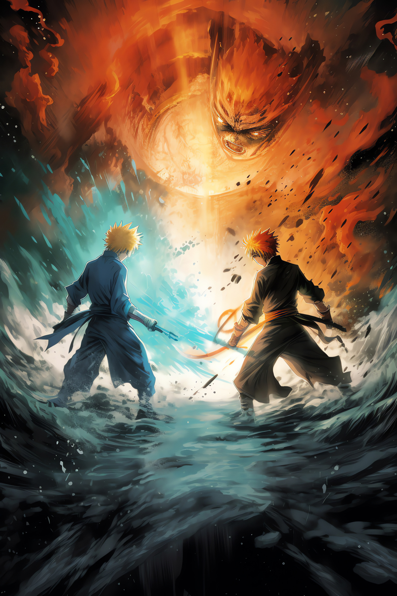 Anime crossover, Naruto and Ichigo, formidable techniques, confrontational scene, powerful adversaries, HD Phone Image