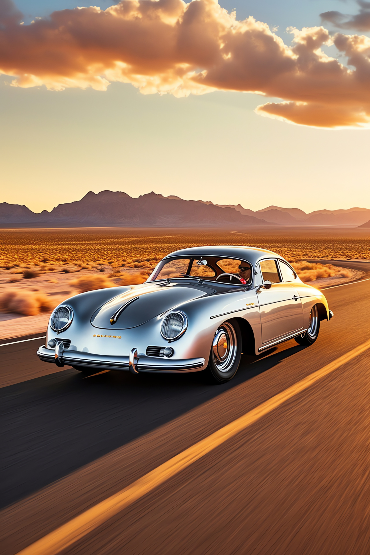 Porsche 356 on Route 66, Arizona landscape, Reflective metallic, Desert journey, Heritage car, HD Phone Image