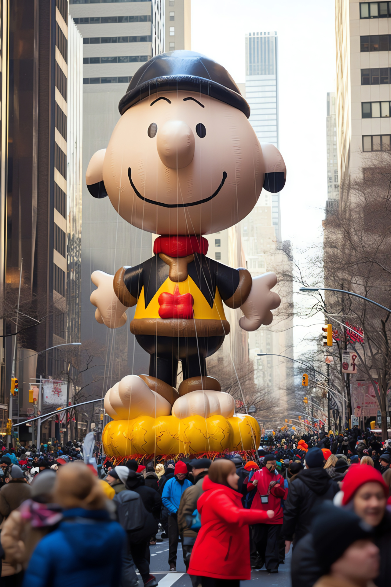 Iconic cartoon celebration, famous Manhattan parade, beloved character ballooning, festive city roadway, HD Phone Image