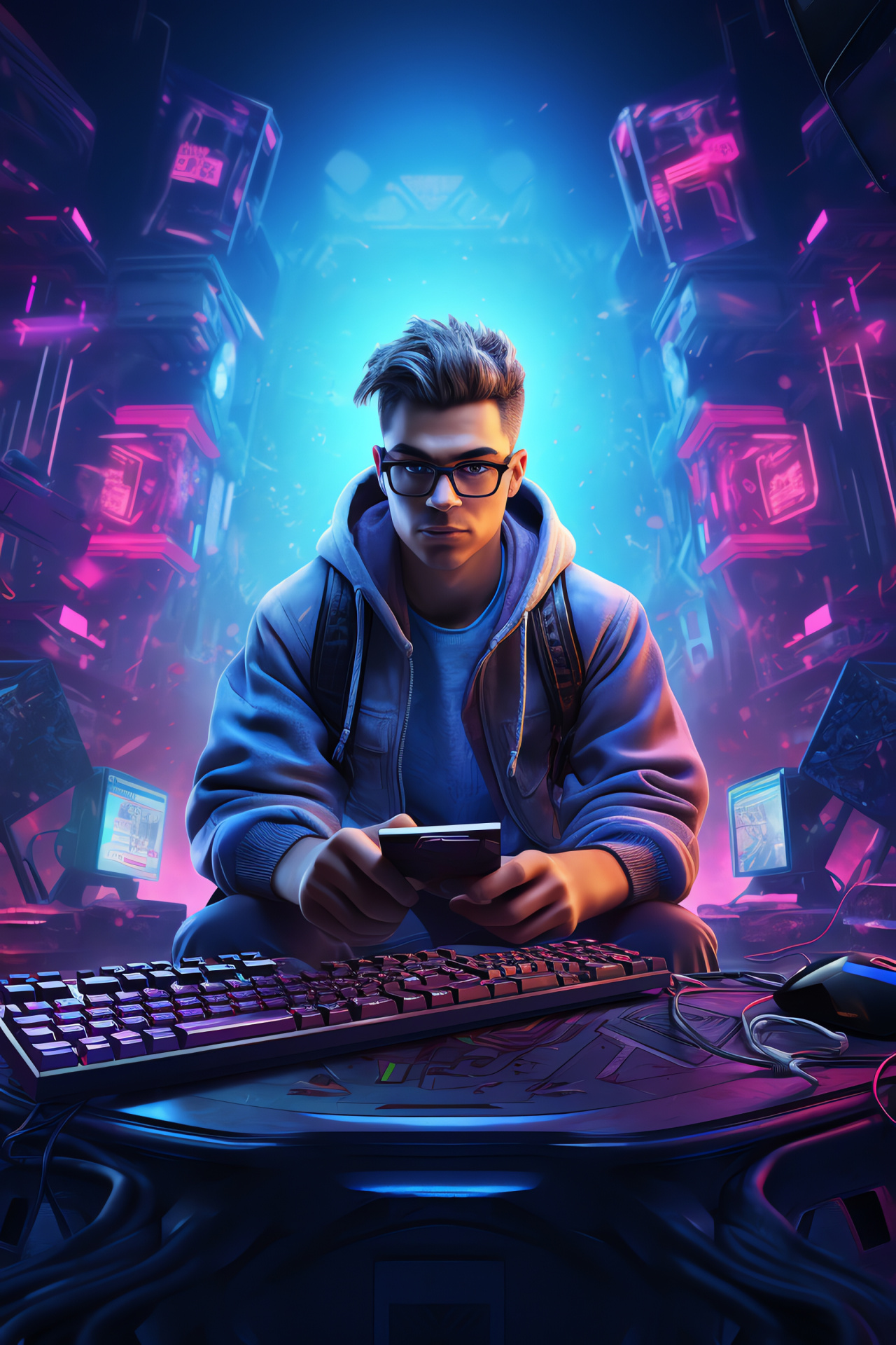 Avid PC Gamer, Variegated canvas backdrop, Penetrating azure visuals, Towering cyber athlete, Unwavering stance, HD Phone Image