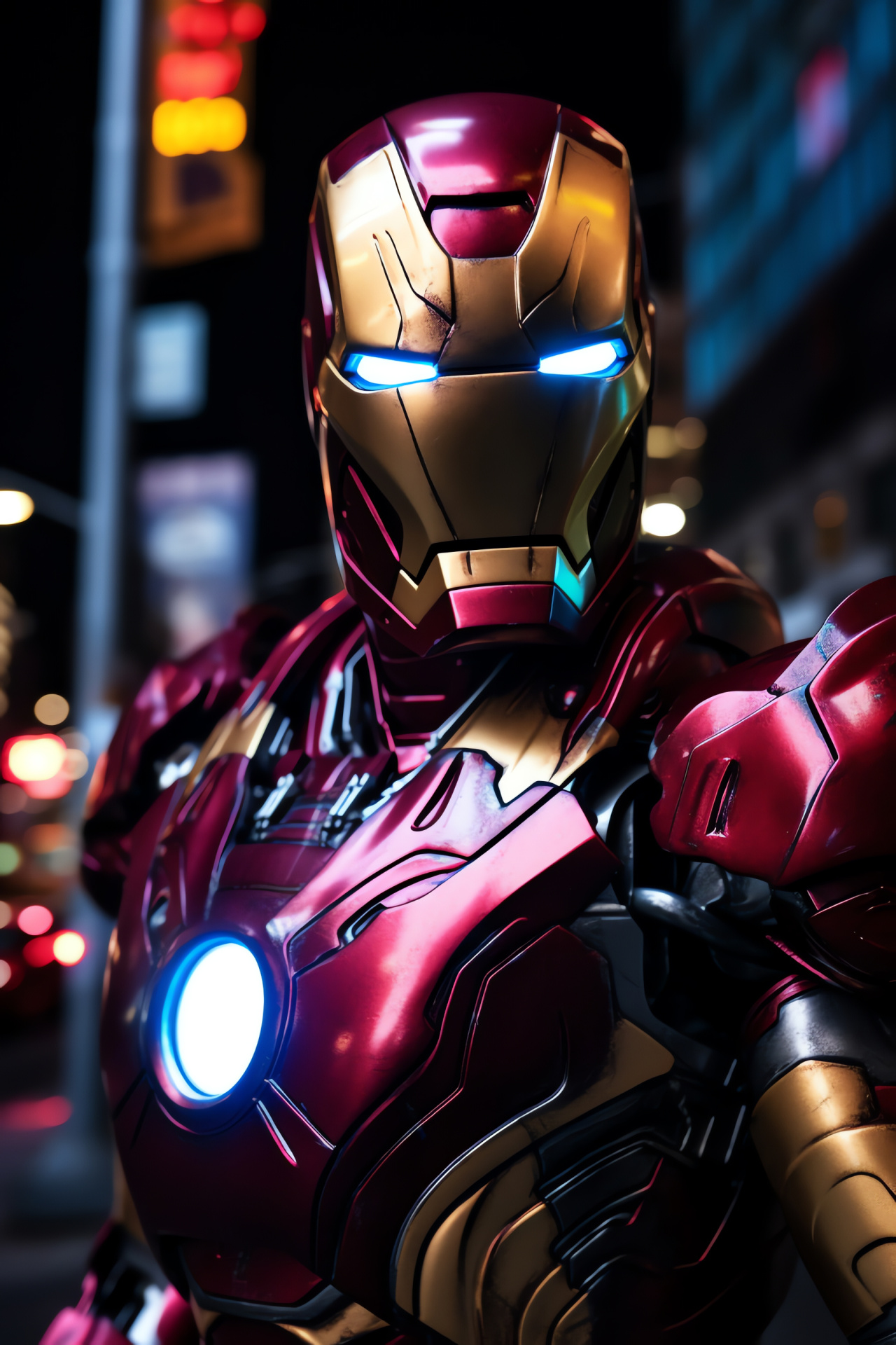 Tony Stark nighttime, Upgraded armor Mark 50, Neon illumination, Cityscape atmosphere, Comic book icon, HD Phone Image