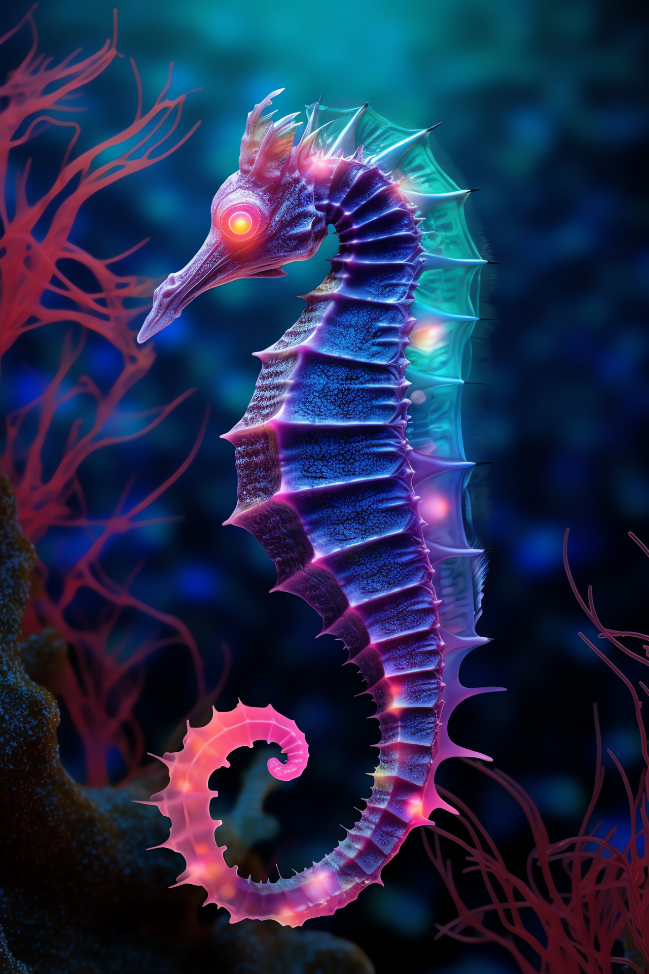 Coral Dweller, Blue-bodied seahorse, Oceanic habitat branch clinger, Luminescent aquatic environment, Vibrant seahorse feature, HD Phone Wallpaper