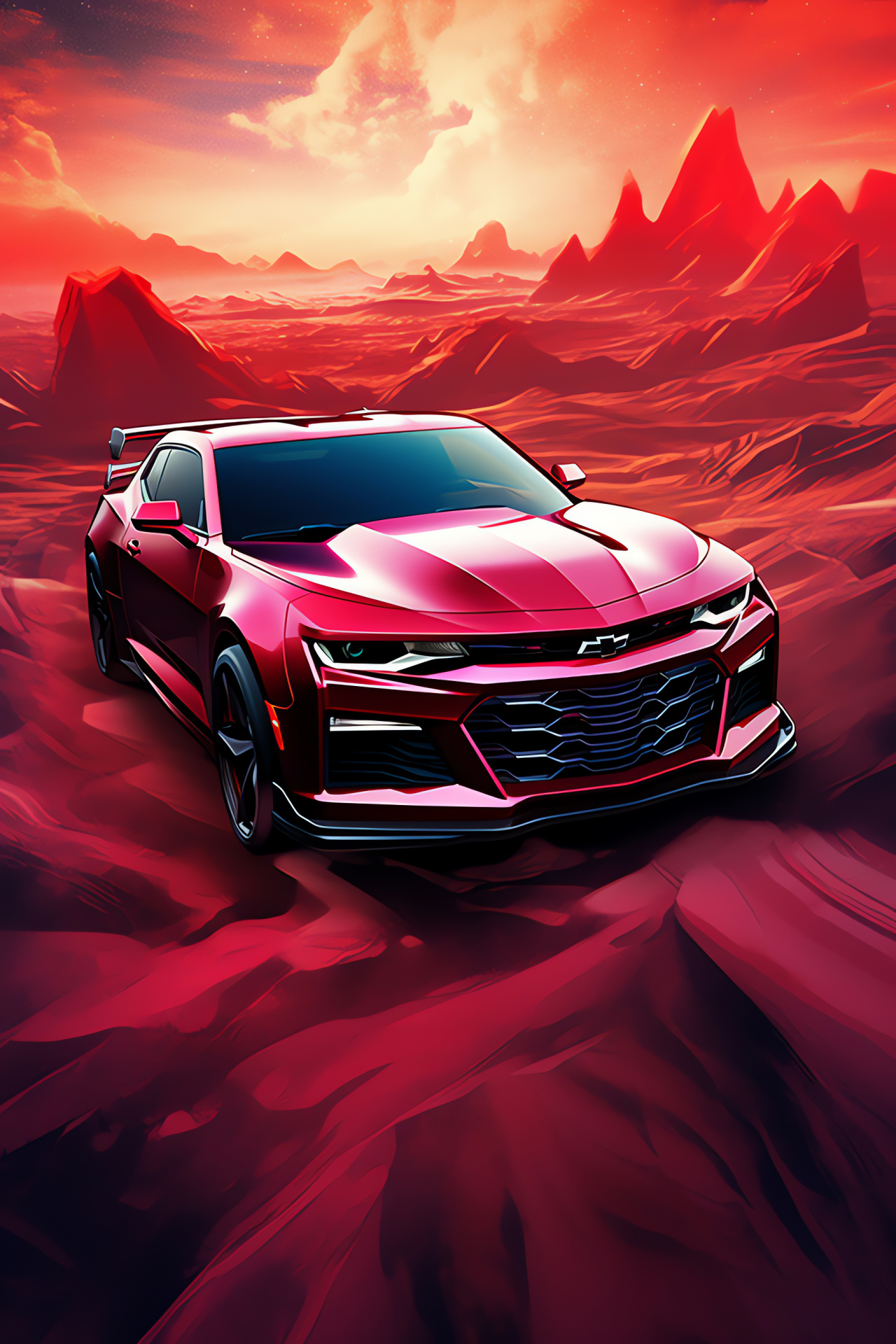 Chevrolet Camaro ZL1 1LE, Mars-like terrain, Aerial car chase, Potent vehicle prowess, Red Chevrolet exterior, HD Phone Wallpaper