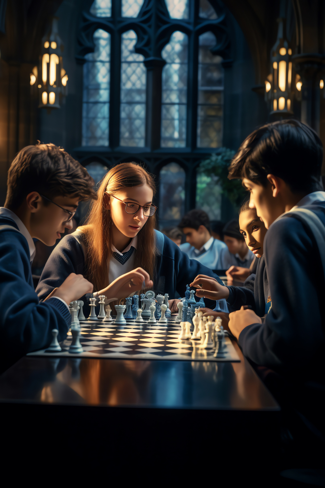 Ravenclaw strategy game, Wizarding board confrontation, House color matched setting, Intellectual competition, Chess master students, HD Phone Wallpaper