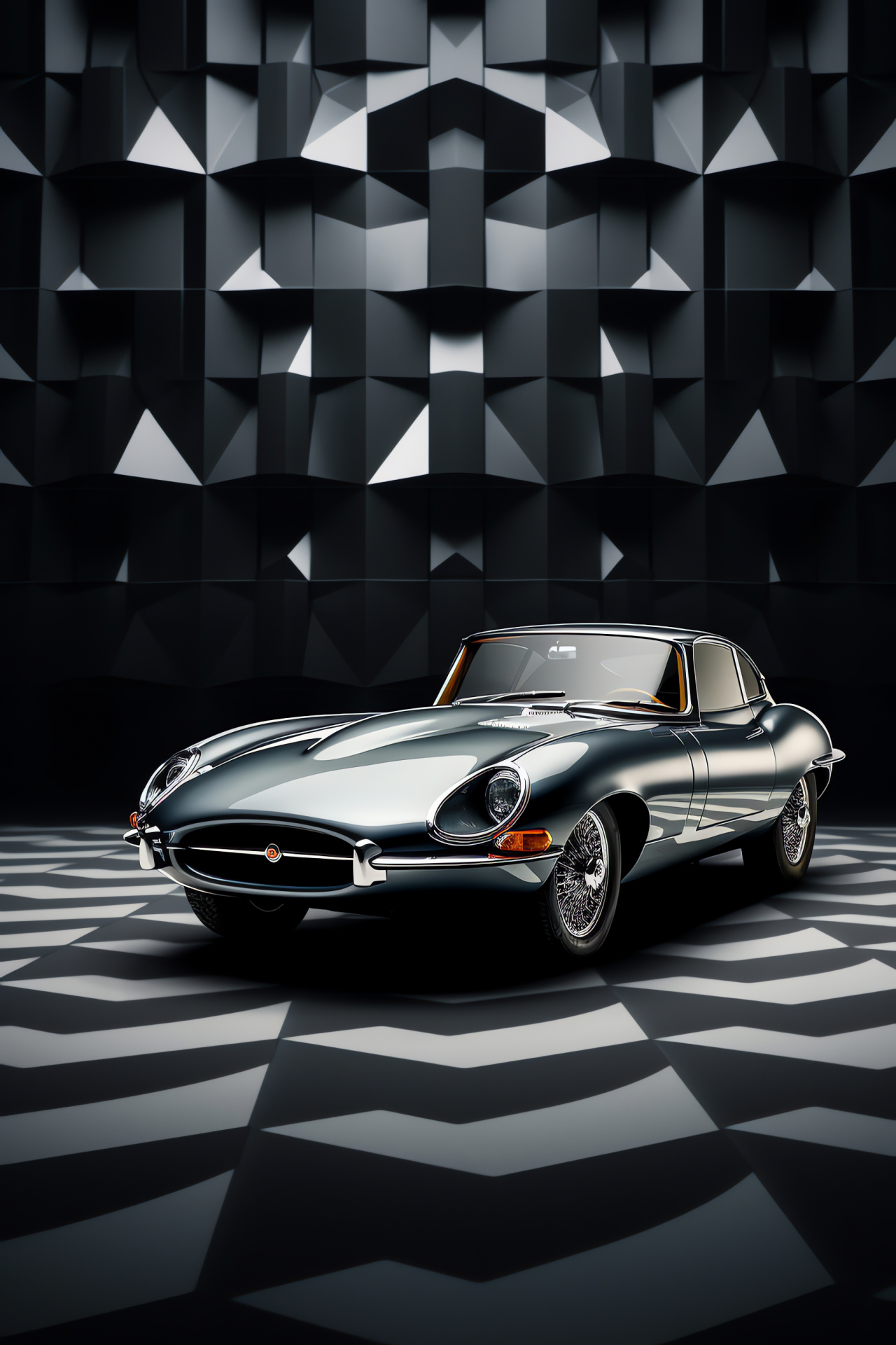 1961 Jaguar E-Type classic, Side view elegance, Silver and black hues, Geometric pattern backdrop, Sophistication on wheels, HD Phone Wallpaper