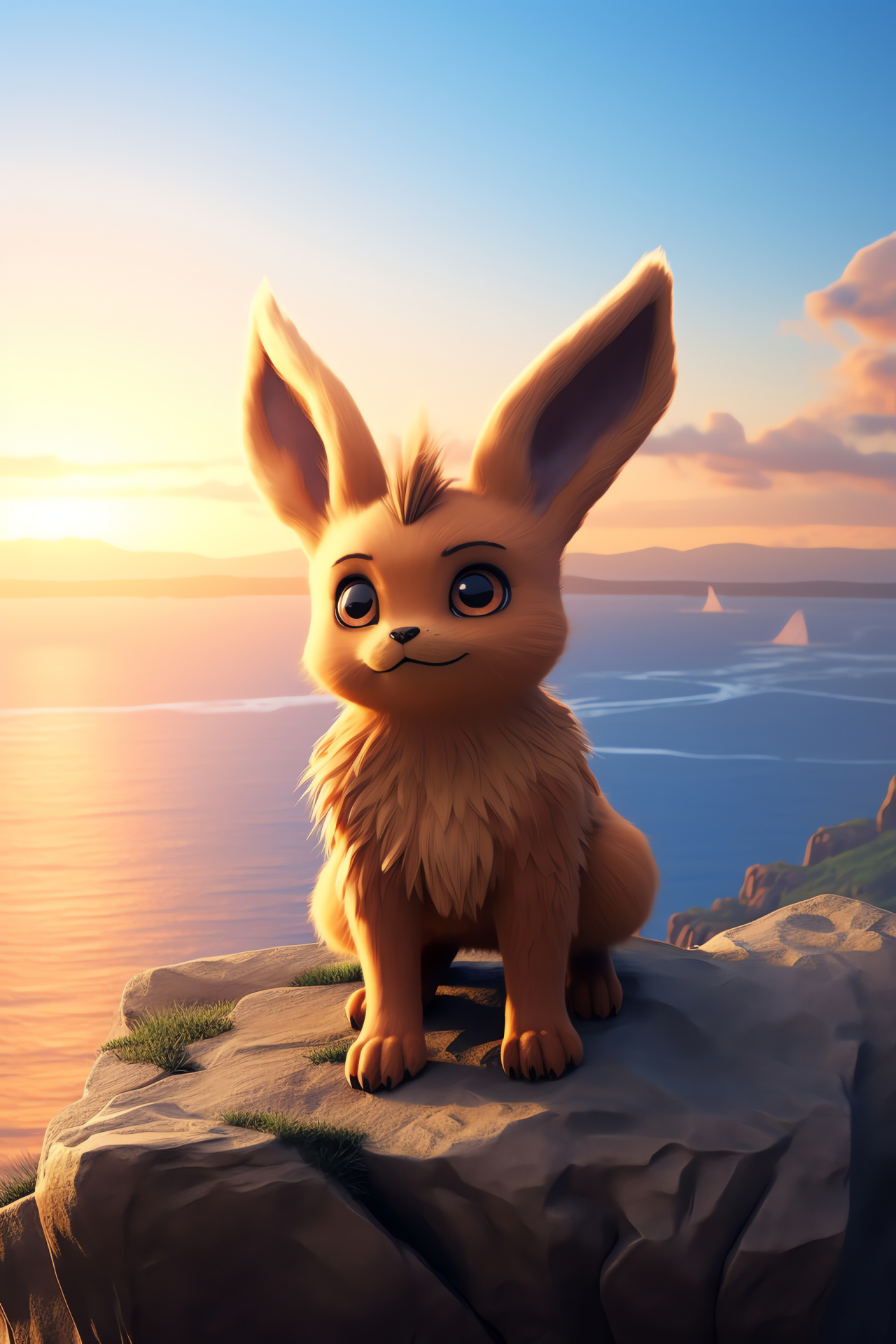 Eevee cliffside scene, Tawny pelt, Rugged terrain, Marine horizon, Eventide maritime glow, HD Phone Image
