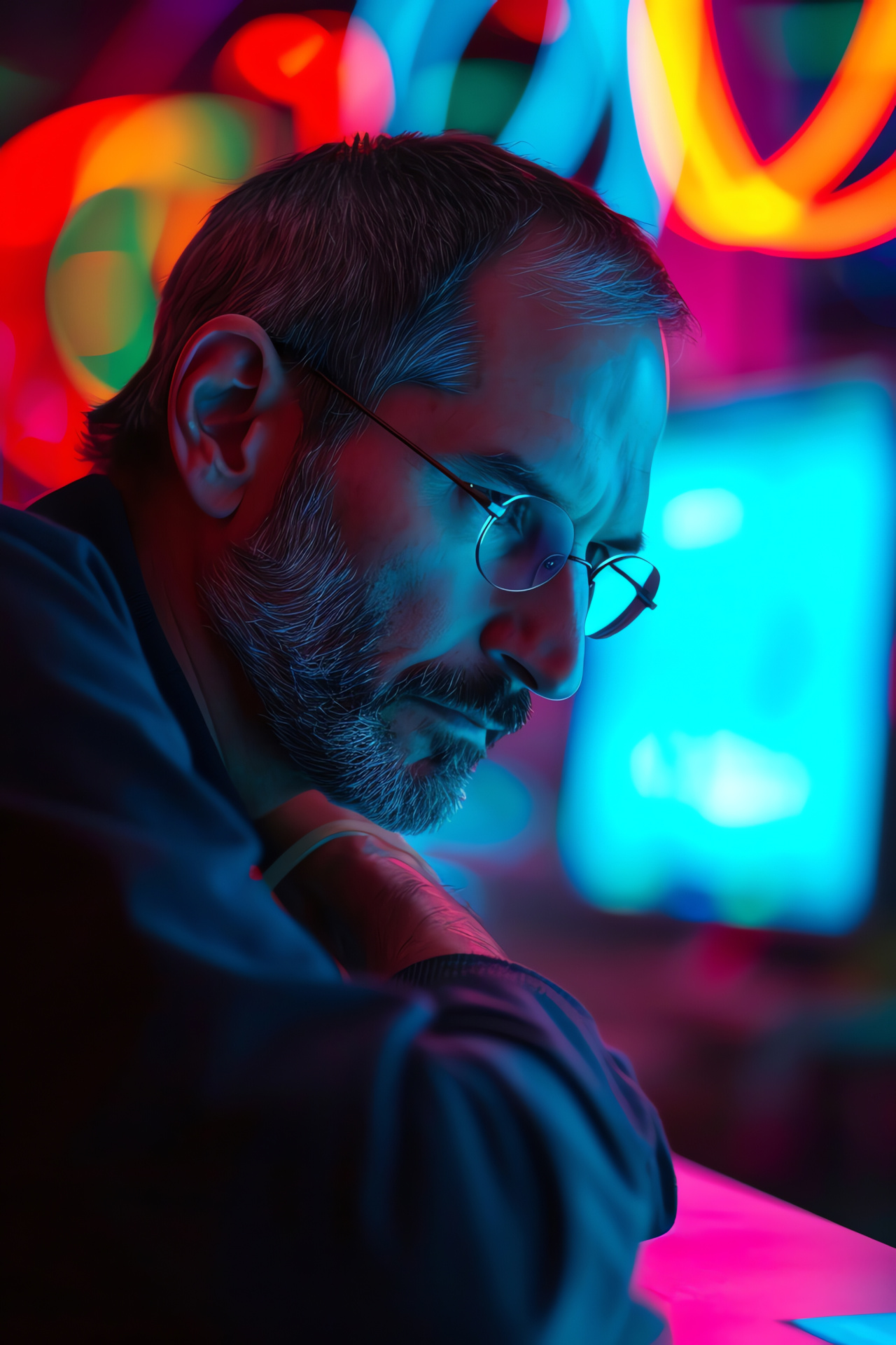 Steve Jobs at lab, technology hub, digital display, computation models, graphical representations, HD Phone Wallpaper