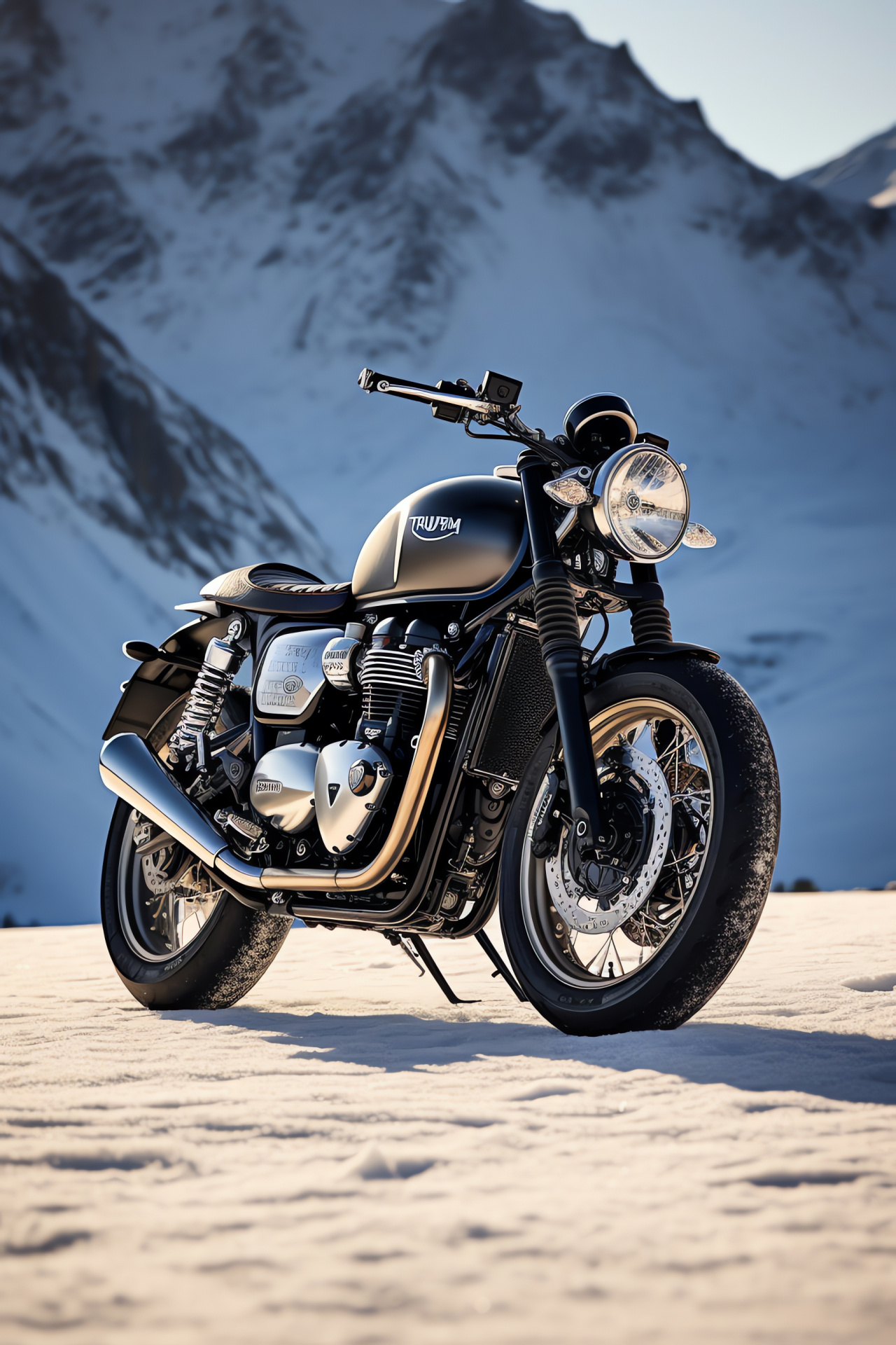 Triumph Bonneville in Alps, Thruxton R model, Cafe Racer style, Mountainous hairpin curve, Alpine background, HD Phone Wallpaper