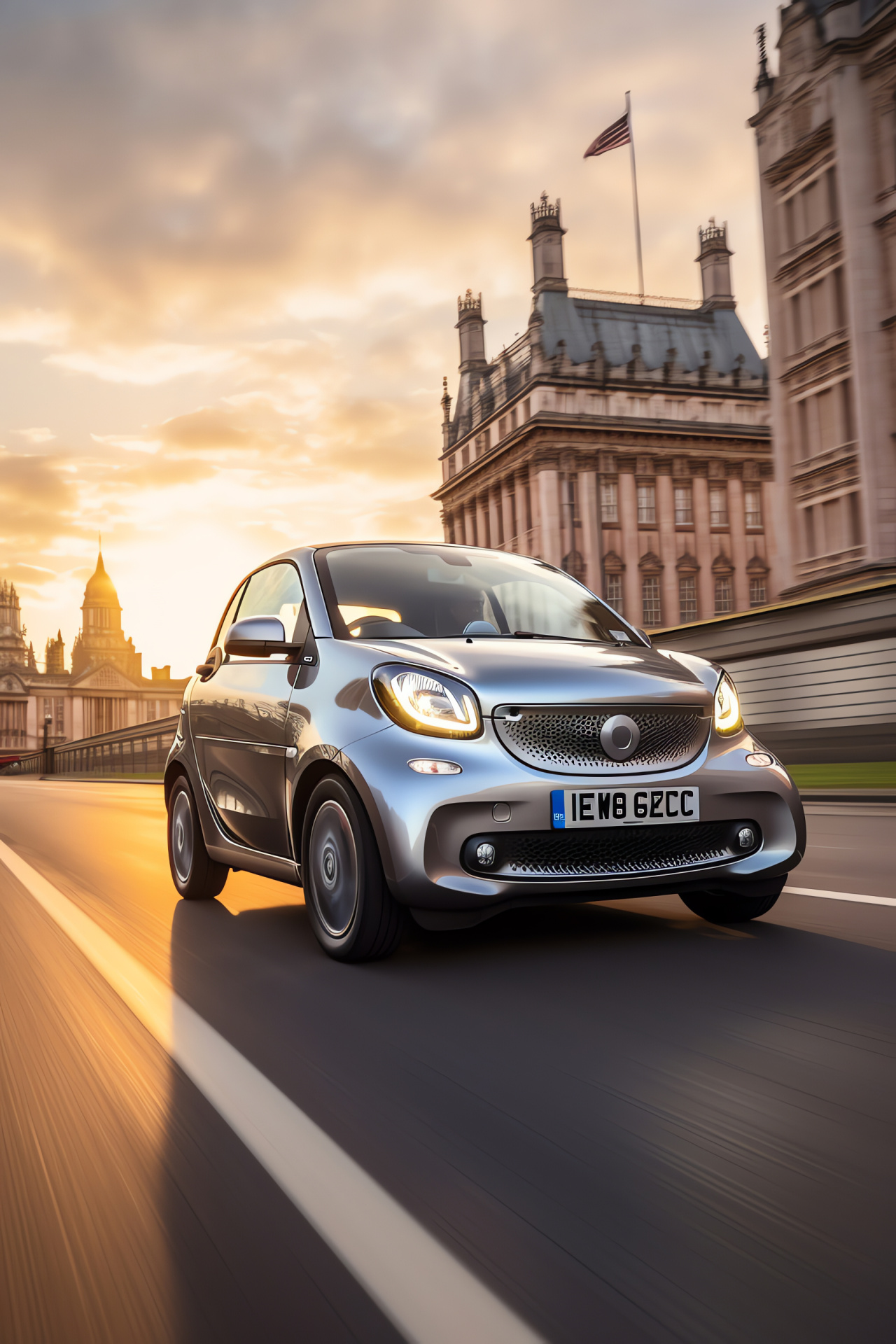 Smart Car EQ ForTwo, Modern urban car, Electric innovation, Metropolitan transport, Landmark backdrop, HD Phone Wallpaper