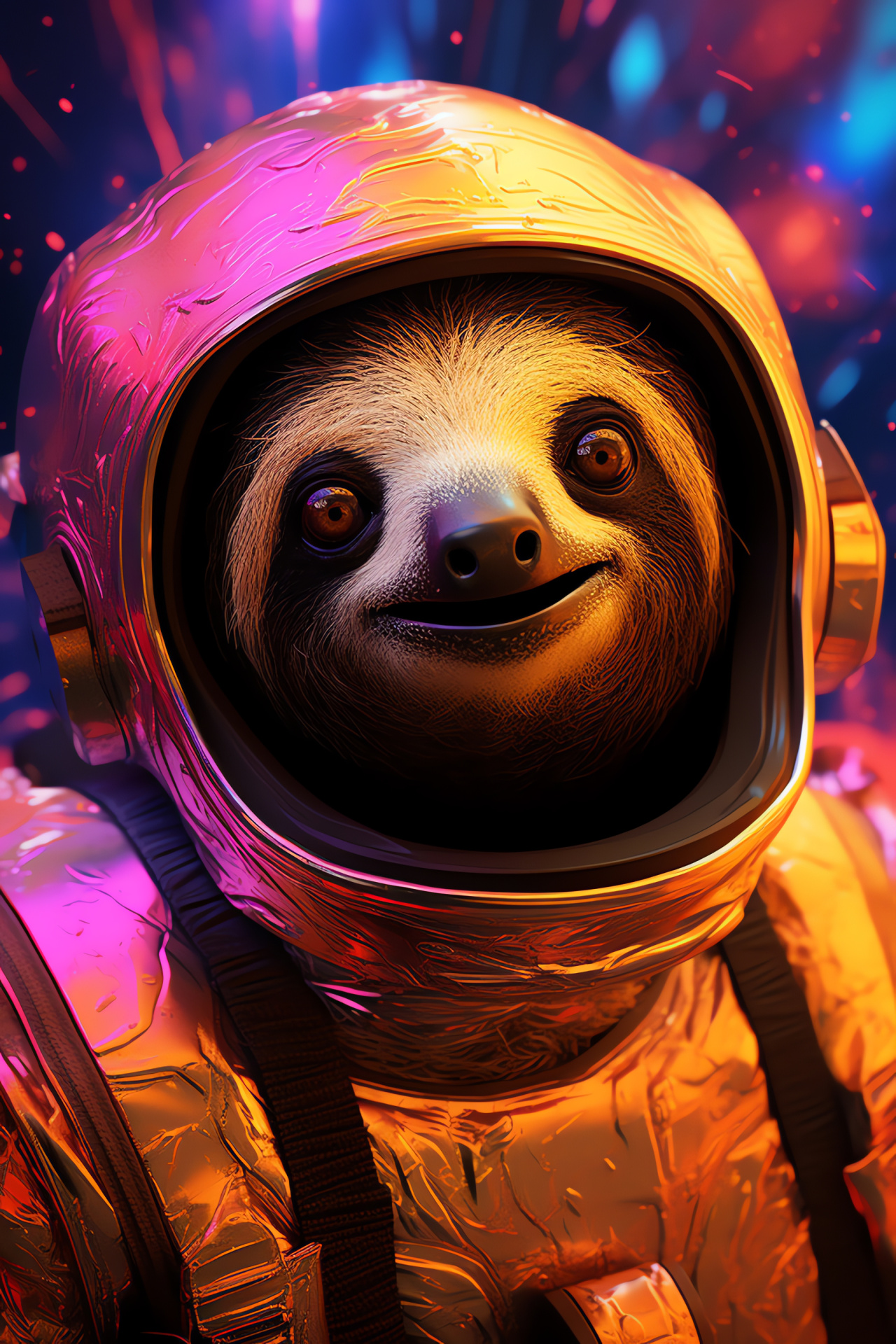 Sloth in holographic suit, Space explorations themed sloth, Orange-eyed astronaut, Alien planet explorer, Bioluminescent fauna, HD Phone Image