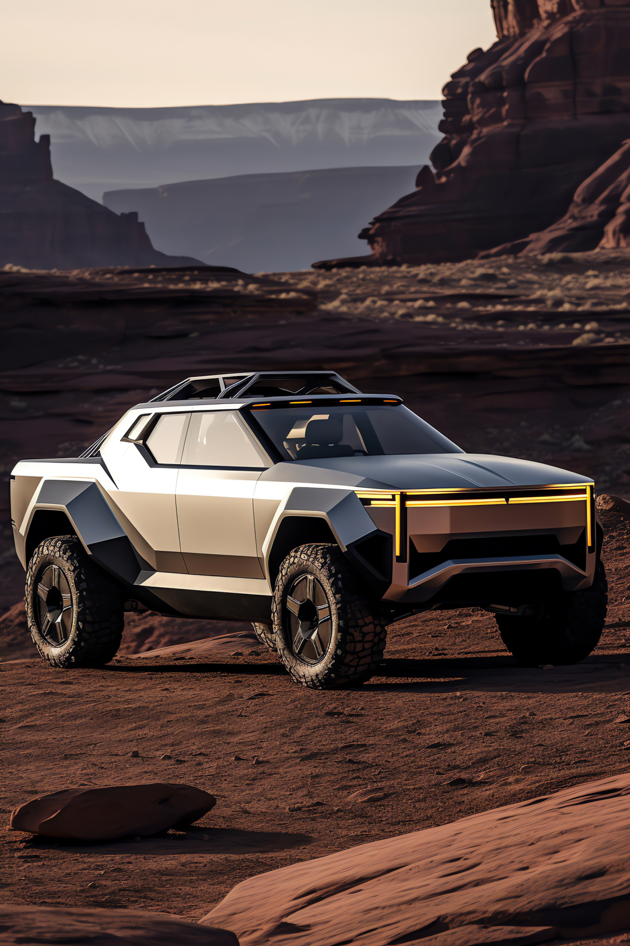 Tesla Cybertruck, Grand Canyon setting, Innovative pickup, Durable exoskeleton, Off-road prowess, HD Phone Image