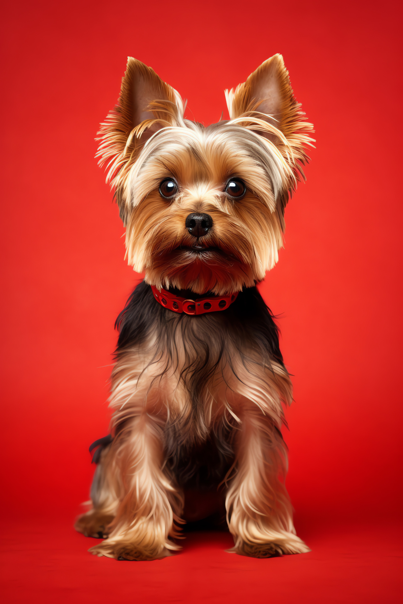 Petite Yorkie, Obsidian stare, Full body pose, Bicolor animal cover, Crimson background composition, HD Phone Image