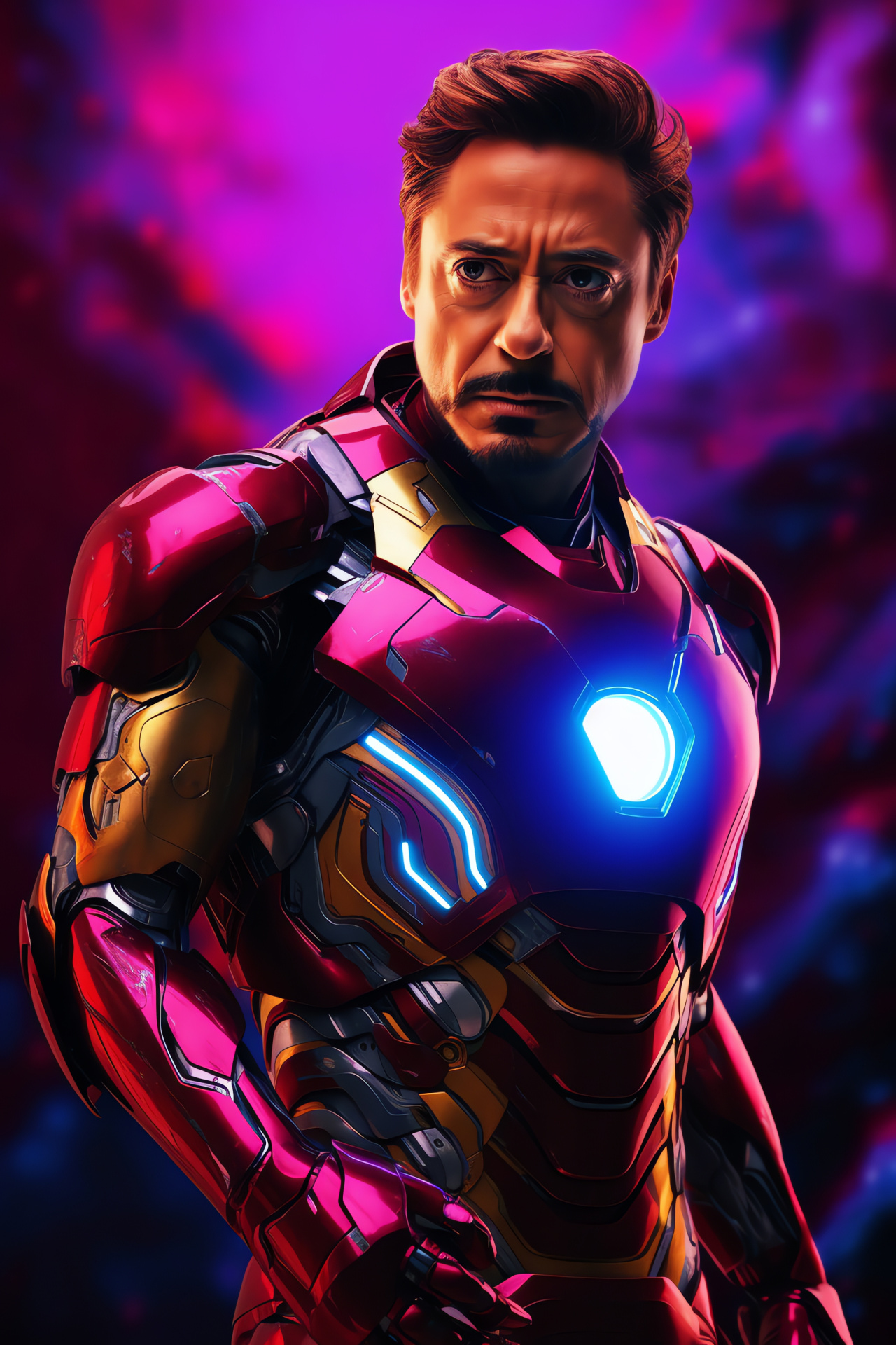 Iron Man heroic stance, Sleek Stark technology, Luminous suit features, Superior design, Marvel epic, HD Phone Wallpaper