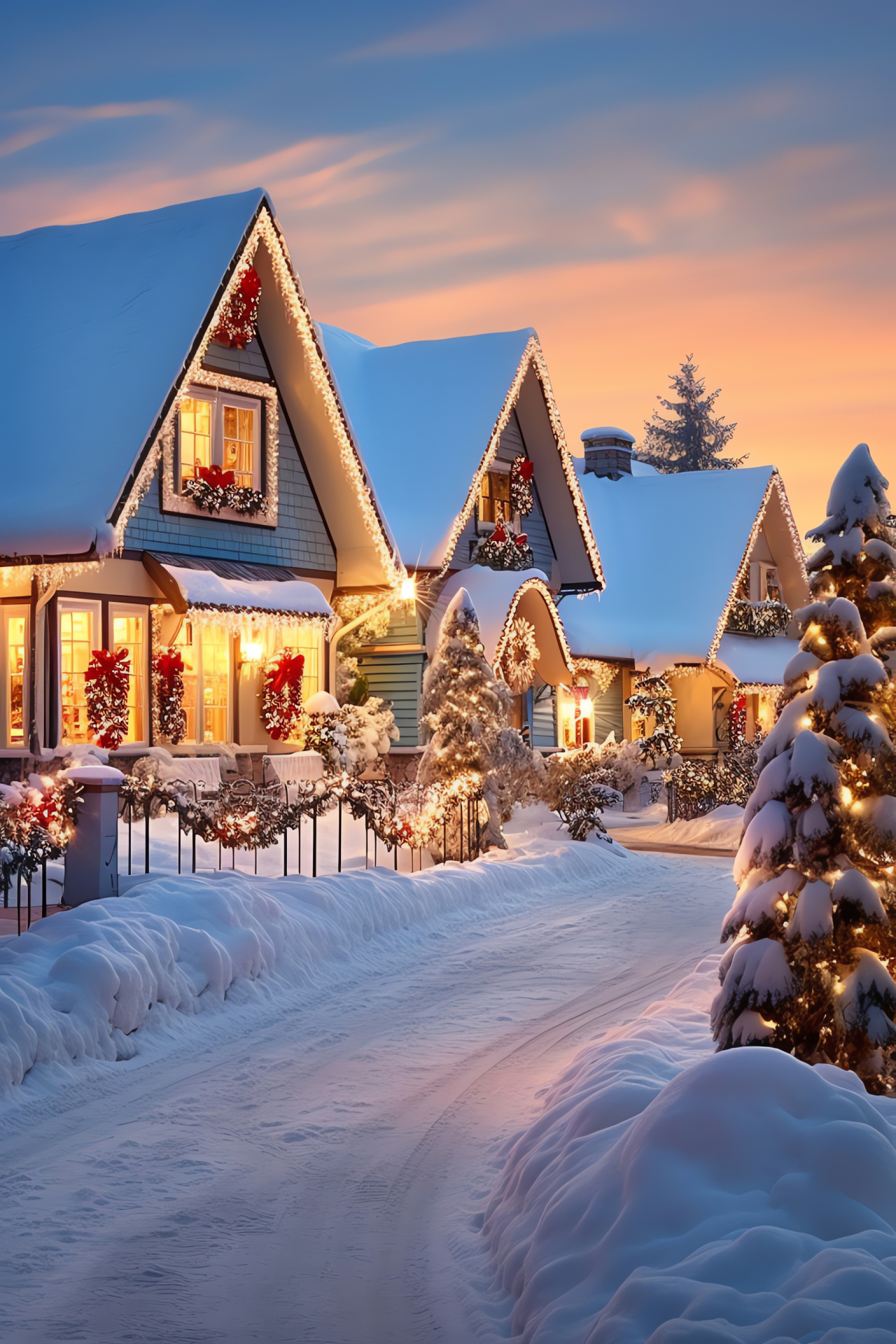 Winter Solstice celebration, Festive decorations, Snowy landscape, Seasonal lights, Traditional wreaths, HD Phone Wallpaper