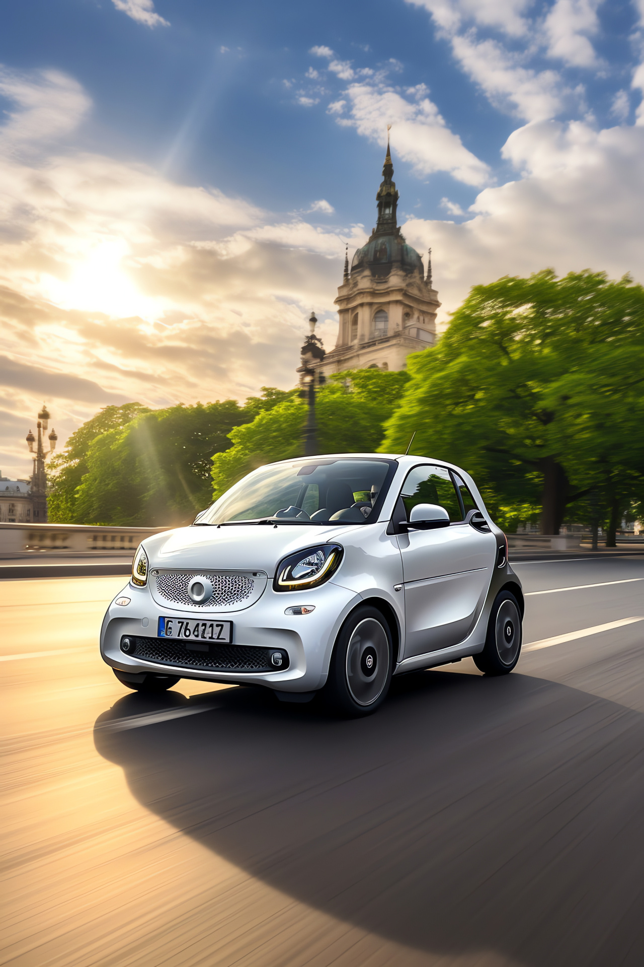 Smart Car ForTwo EQ Cabriolet, Parisian streets, Iconic French landmarks, Compact urban transport, Stylish white finish, HD Phone Wallpaper