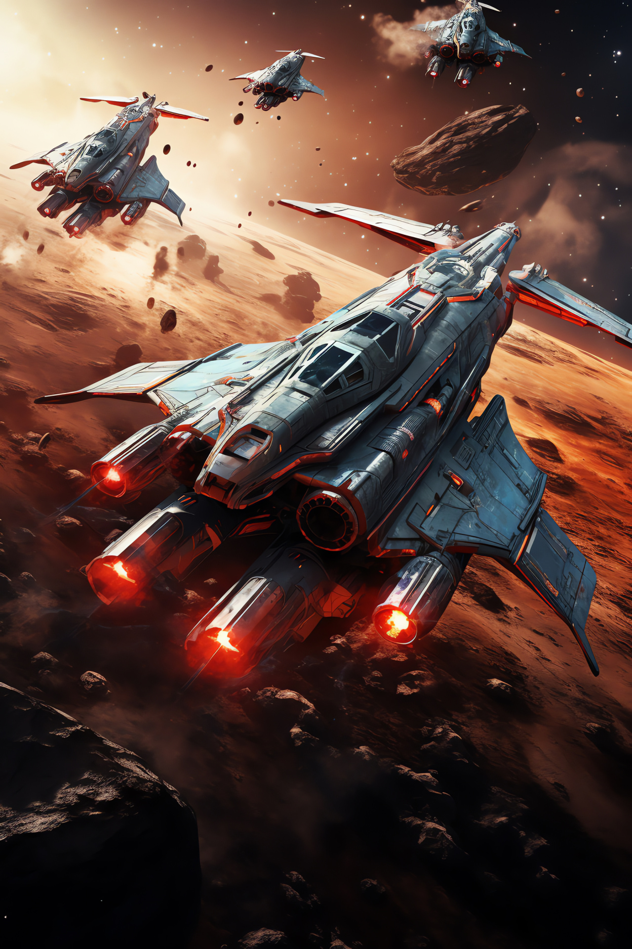 Aerospace confrontation, Maneuverable spacecraft, Celestial combat, Evasive tactics, Hostile interceptors, HD Phone Image