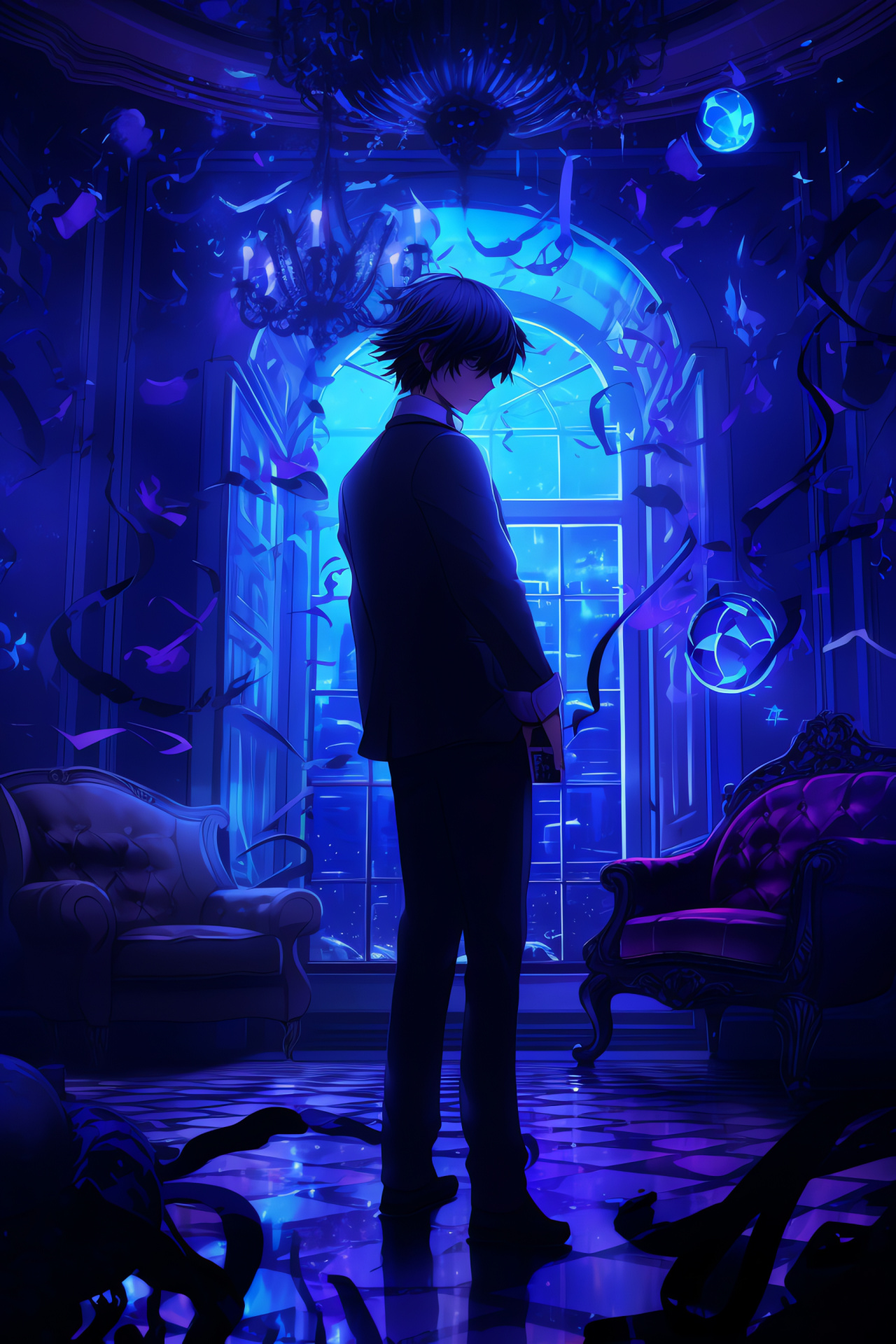 Persona series narrative, St. Hermelin academic locale, Ethereal Velvet Room, Mystical attendant Igor, Sapphire luminescence, HD Phone Image