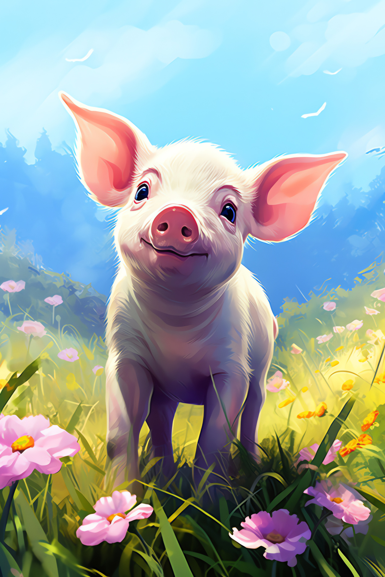 Porcine youngster, Pink pig nostrils, Blue-eyed farm animal, Swine fur patterns, Floral field, HD Phone Wallpaper