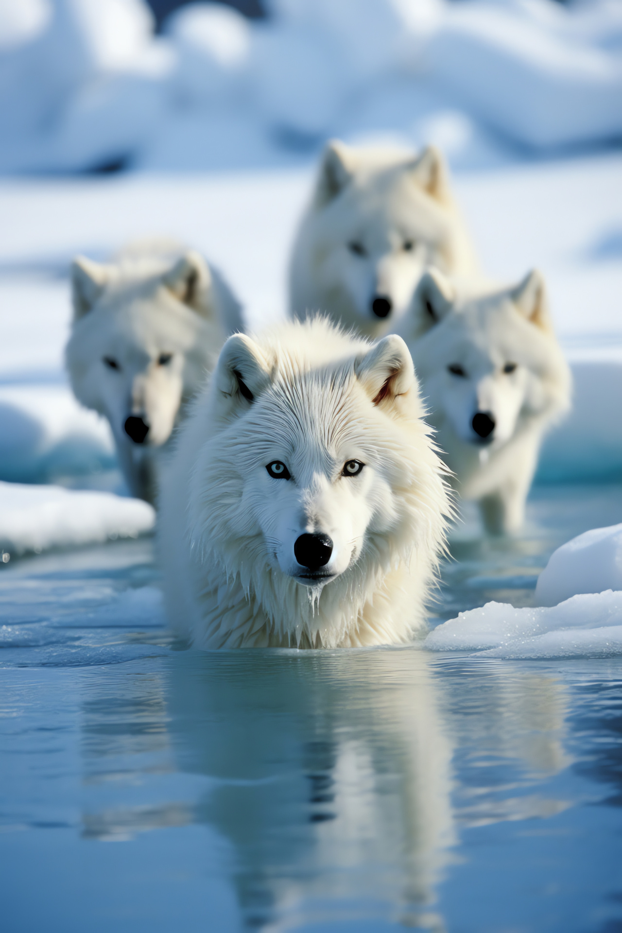 Arctic wolves community, Ice-blue optics, Icy habitat, Wolves of the north, Frozen territory, HD Phone Image