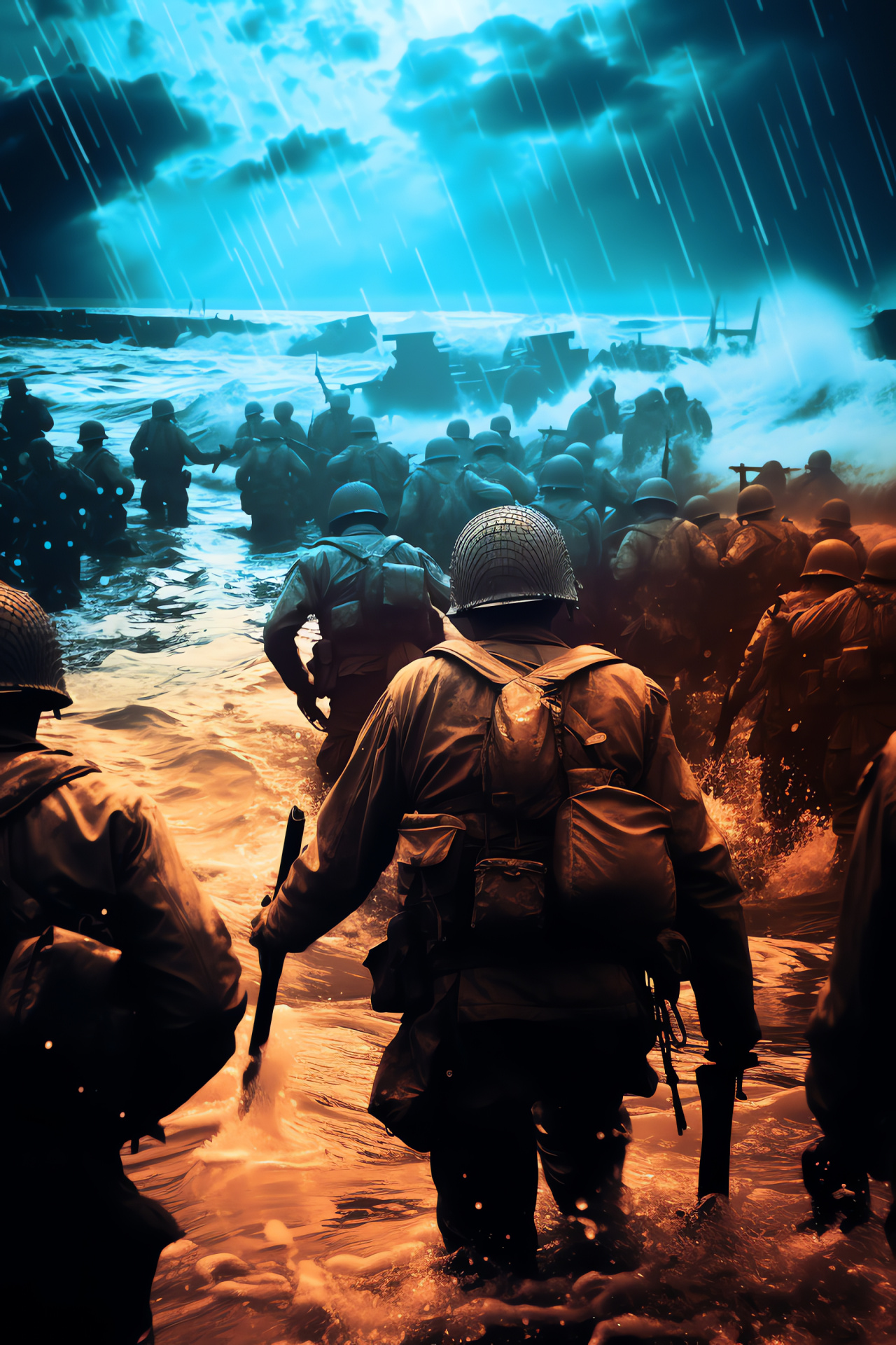 D-Day invasion representation, Military uniform, Coastal Normandy, Oceanic backdrop, Historical film, HD Phone Wallpaper