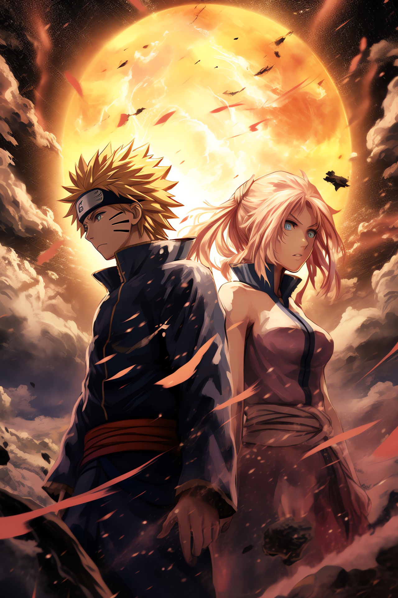 Anime heroes, Naruto and Sakura, fight sequence, enhanced abilities, display of strength, HD Phone Image