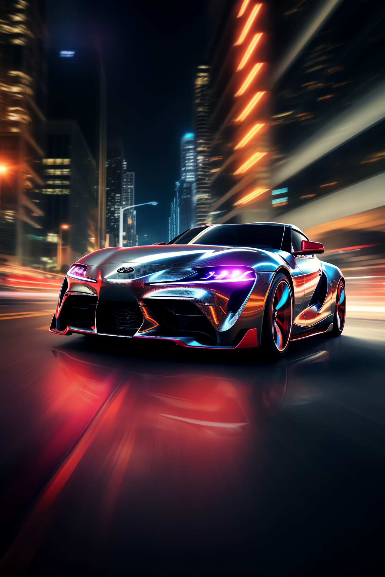 Toyota Supra, Urban skyline, GR A90 design, High-performance coupe, Illuminated evening roads, HD Phone Wallpaper