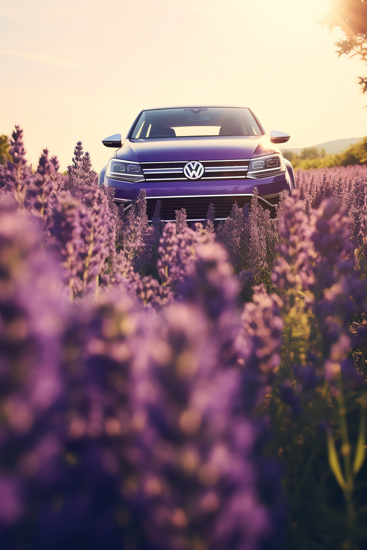 Volkswagen logo, French lavender landscape, Harmony of industries, Natural beauty, Brand and nature, HD Phone Image