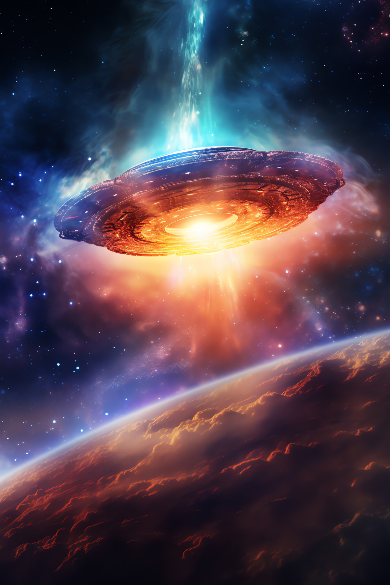 Alien craft, Extraterrestrial realms, Orbital dust, Shape-driven design, Luminous spectacle, HD Phone Image