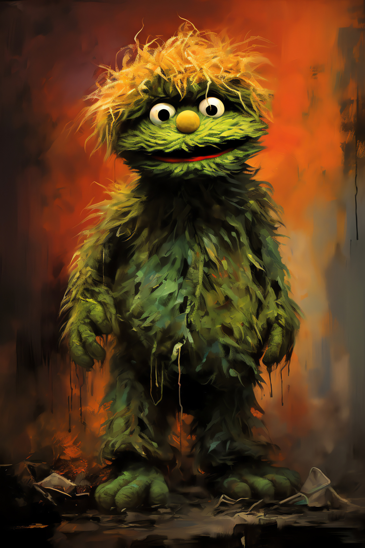Whimsical Oscar persona, Dual-tone background, Garbage can location, Sesame Street theme, Endearing rubbish dweller, HD Phone Wallpaper