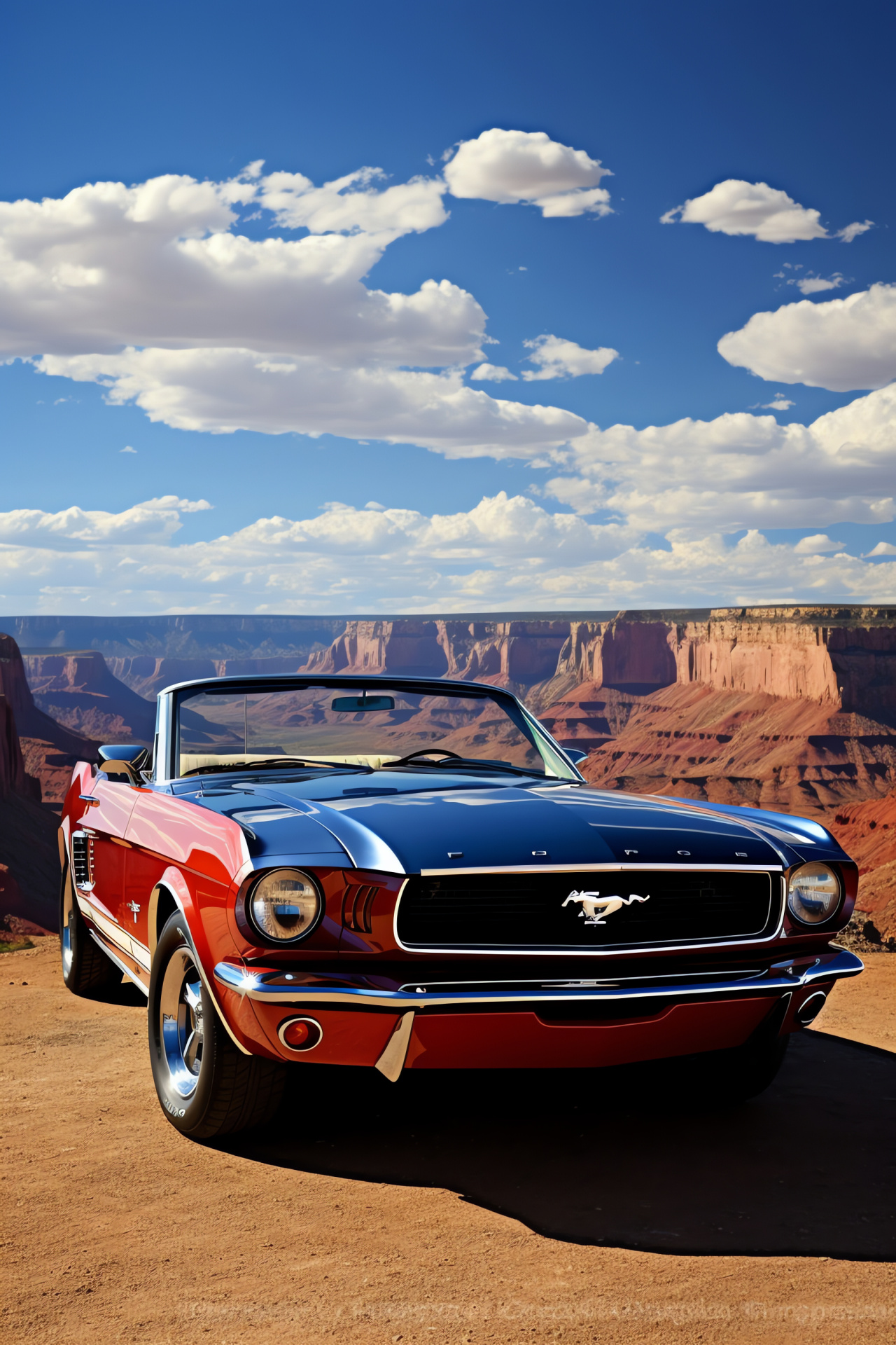 Mustang emblem, Grand Canyon backdrop, Convertible freedom, Wide-range capture, Adventure essence, HD Phone Image