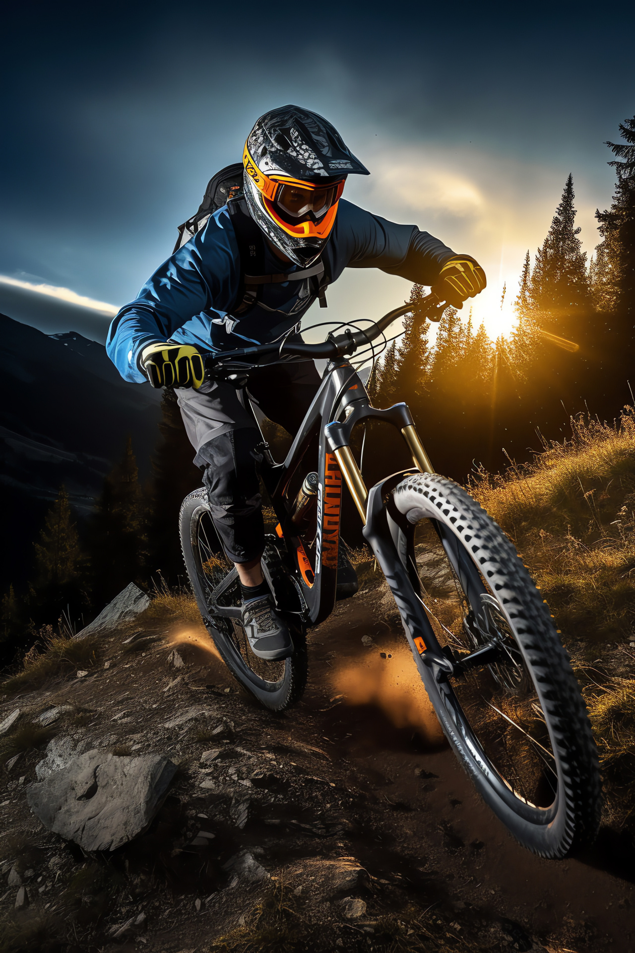 Downhill MTB escapade, Luminous trail lines, Mountain biking rigor, Terrain contrast, Dual-toned backdrop, HD Phone Image
