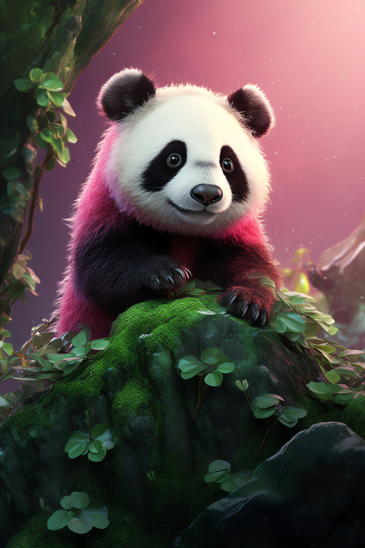 Plush Pink Panda, Emerald-eyed animal, Roseate fur luxury, Gradient tones, Detailed perspective, HD Phone Image