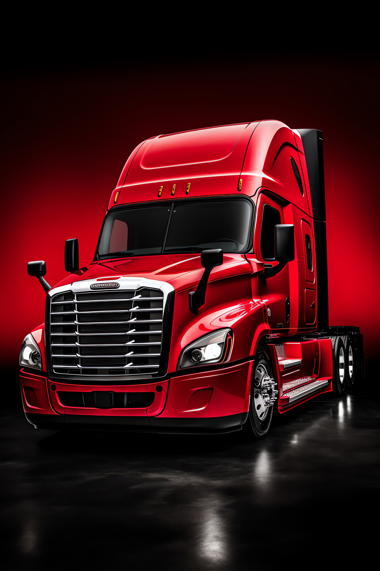 Freightliner Cascadia Evolution, Semi Truck, wide lens, red livery, stark red background, HD Phone Wallpaper