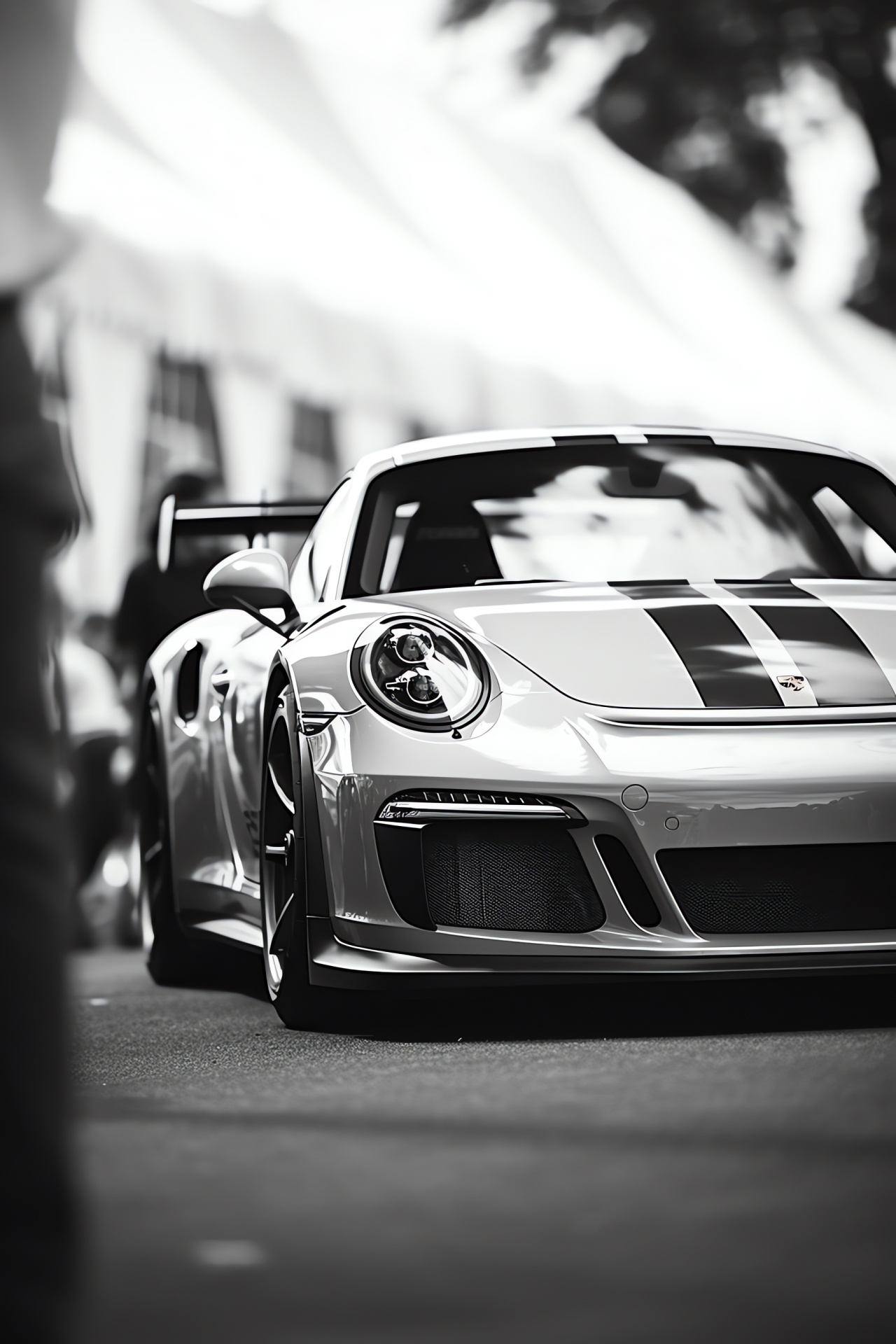 Porsche 911 GT3 Cup, Goodwood motorsport event, Race car close-up, Speed enthusiast, Monochrome palette, HD Phone Image