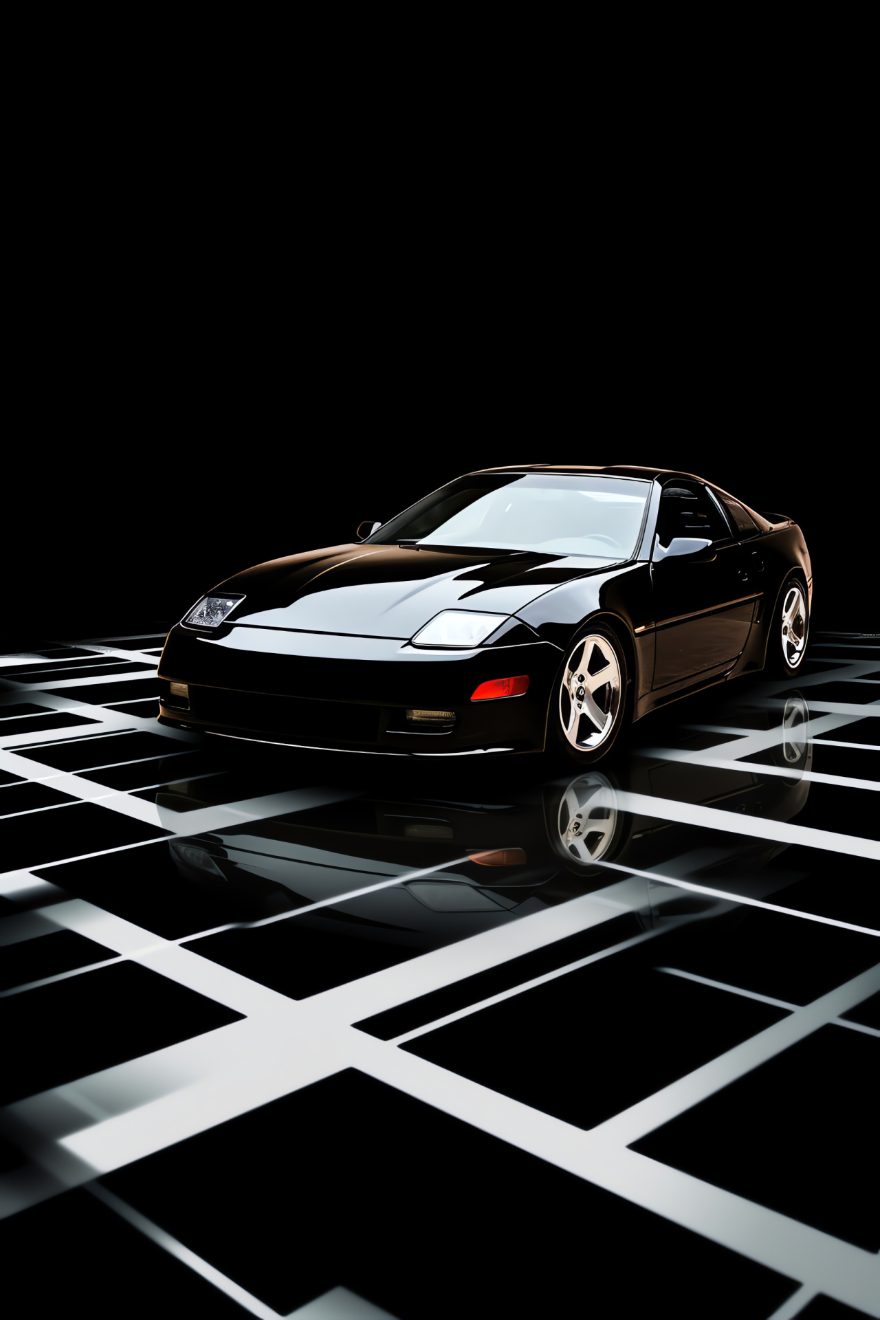 Wide-view Nissan 300ZX, Geometric patterns backdrop, Captivating black sports car, Striking automotive composition, 300ZX artistry, HD Phone Wallpaper