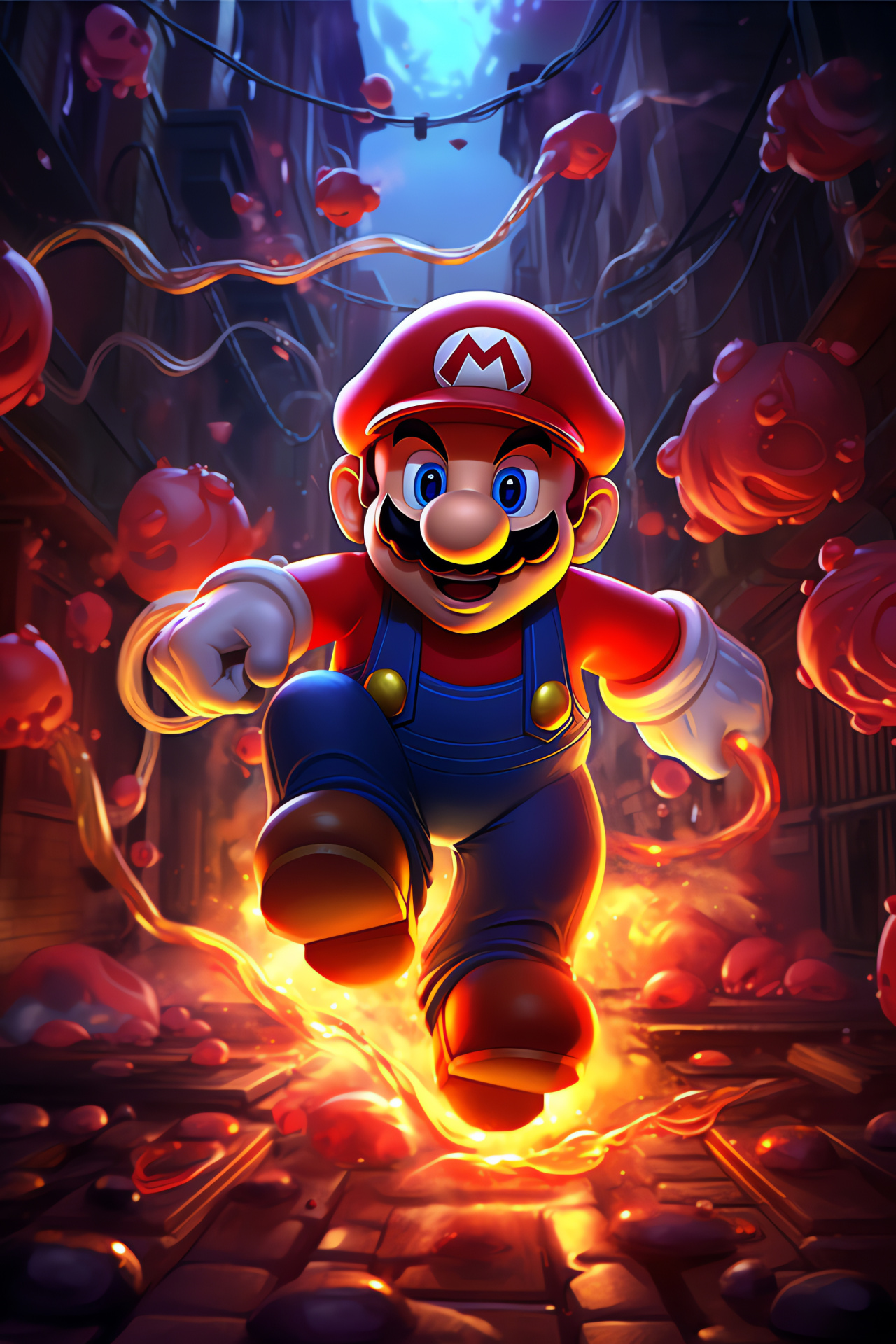 Heroic plumber Mario, Illuminated metropolis, Fantasy realm, Classic adversaries, Adventure platformer, HD Phone Wallpaper