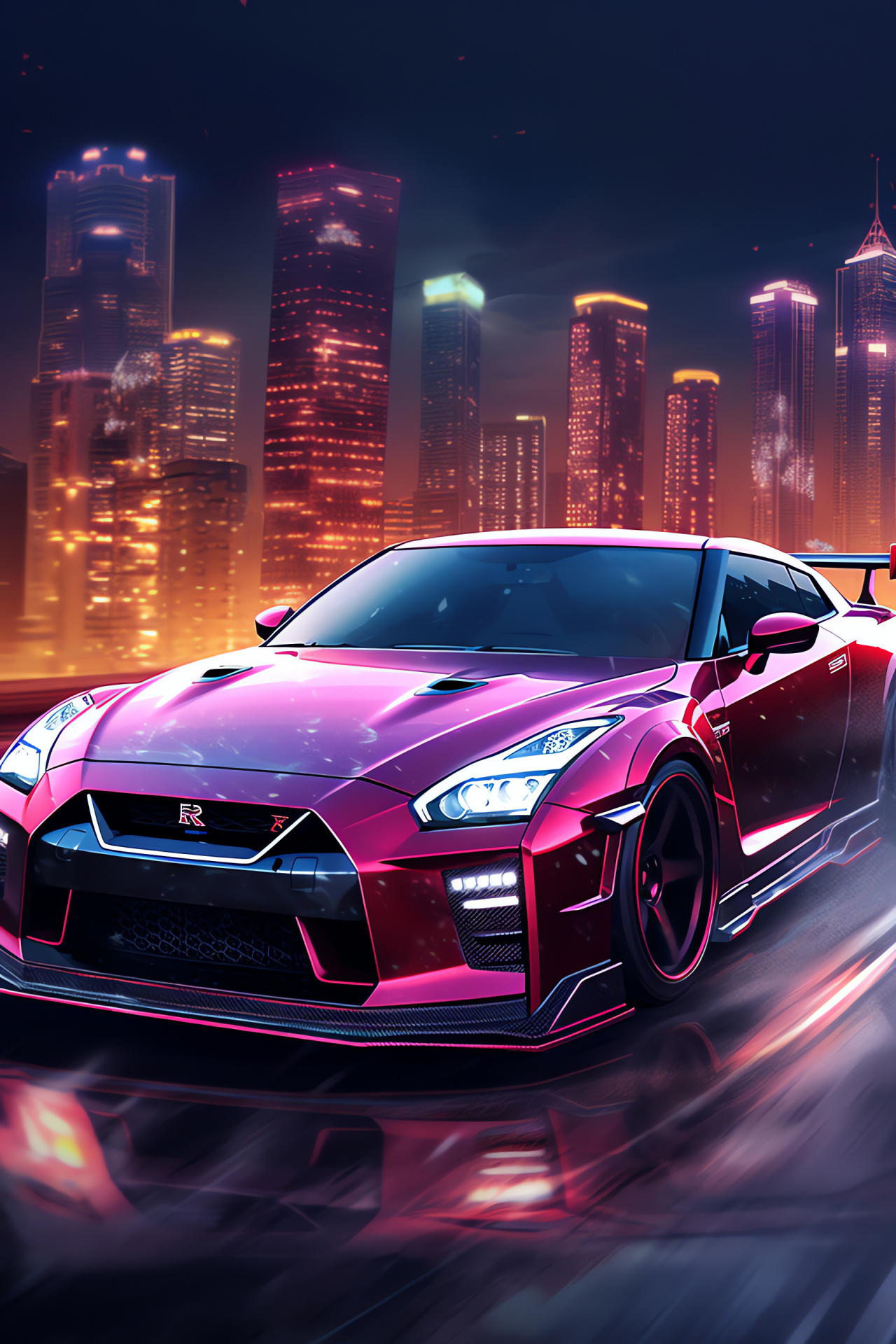 Street Racing Cars, Nissan GT-R Nismo, Urban nightscape, Skyline overview, Illuminated avenues, HD Phone Wallpaper