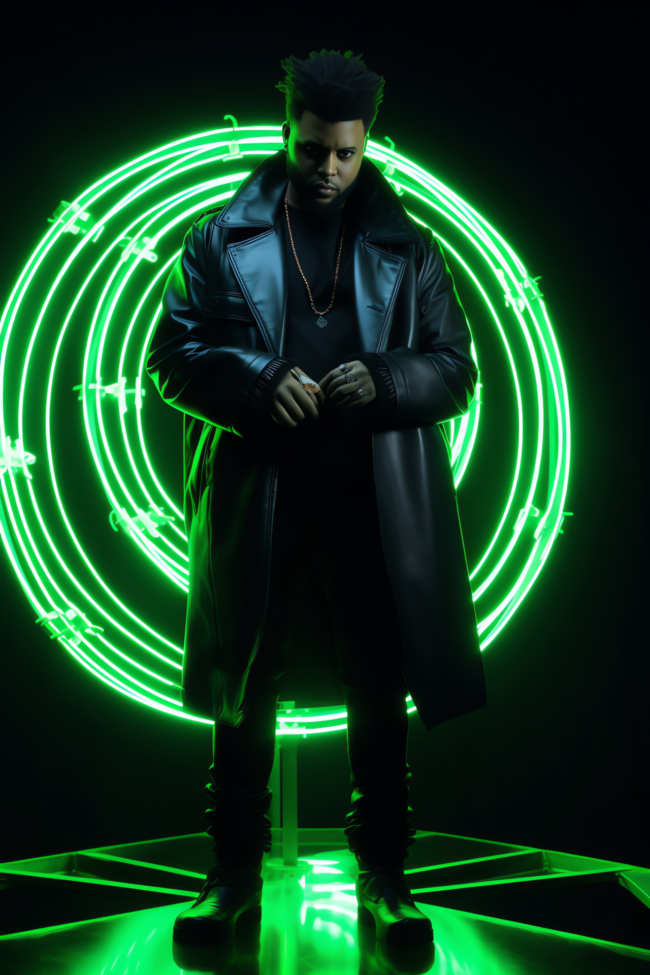 The Weeknd, Contemporary musician, Brown-eyed artist, Casual vinyl interaction, Glowing neon, HD Phone Image