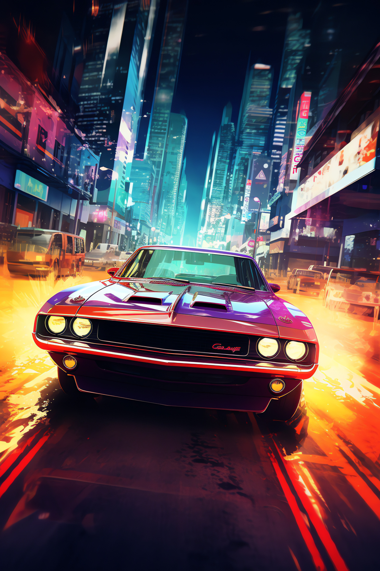 Muscle Cars HD, Urban skyline, Metropolitan roads, Night illumination, Speed dynamics, HD Phone Wallpaper