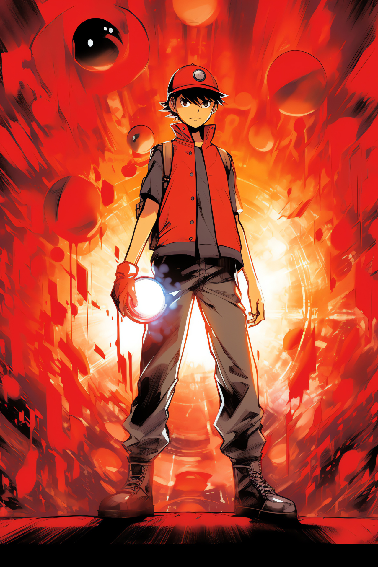 Pokemon Trainer Red profile, Fiery red hair symbol, Blue eyes feature, Determined gaming icon, Trainer physique, HD Phone Wallpaper