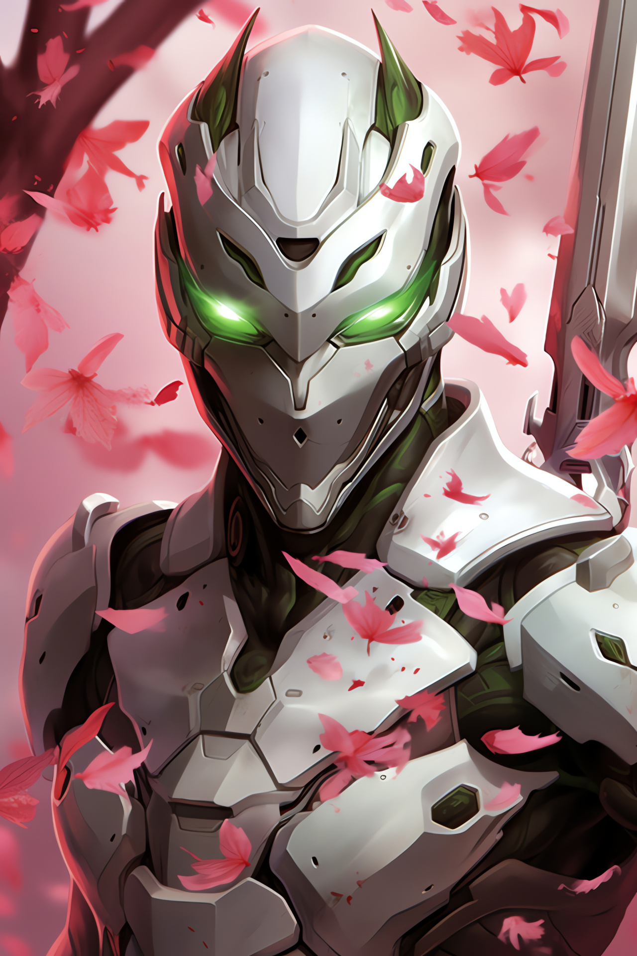 Genji in combat, metallic agile fighter, luminous blade engagement, enhanced reflexes, ninja battle stance, HD Phone Wallpaper