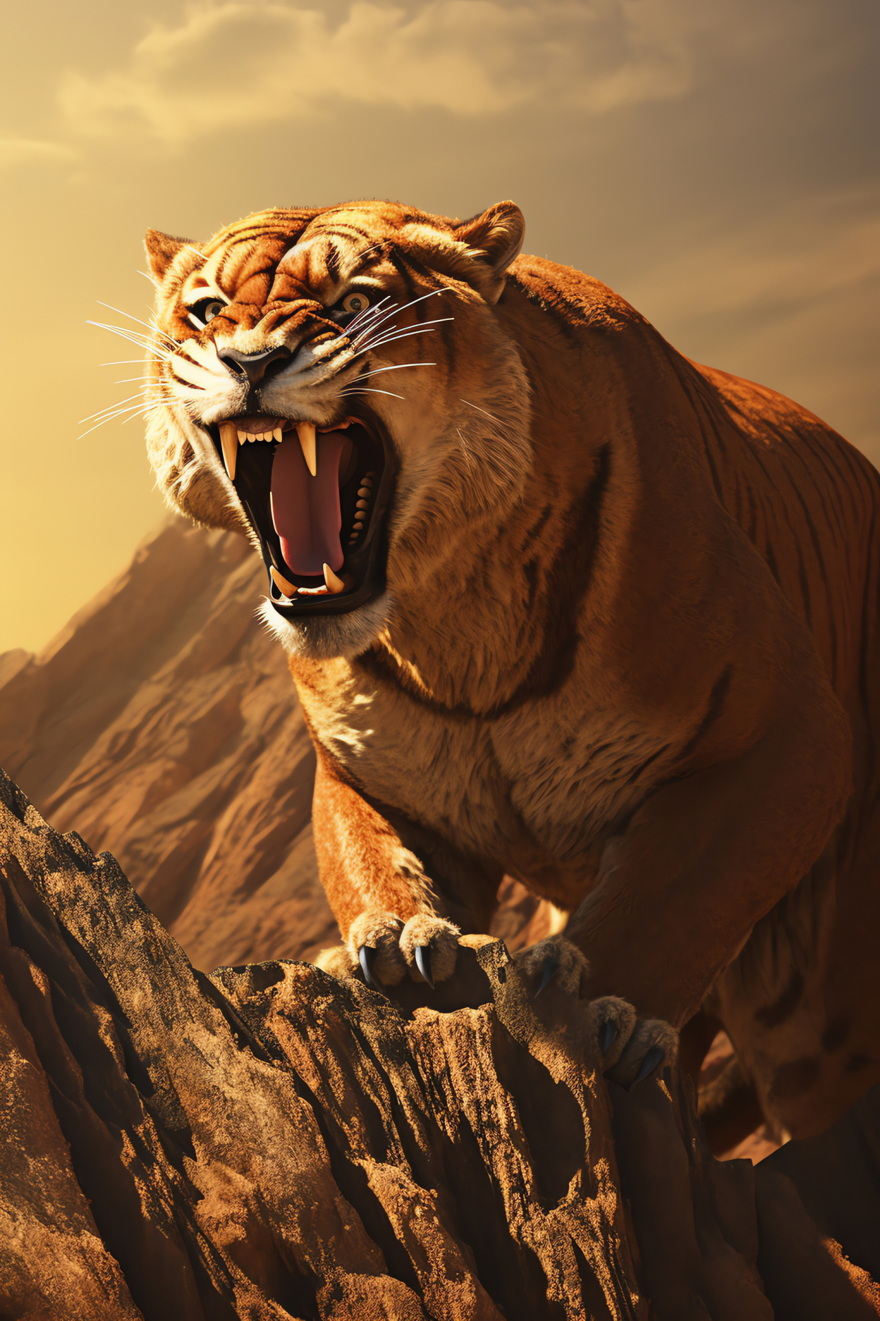 Saber Tooth Tiger, sharp teeth, golden eyes, rusty brown, sleek texture, African sun, HD Phone Wallpaper