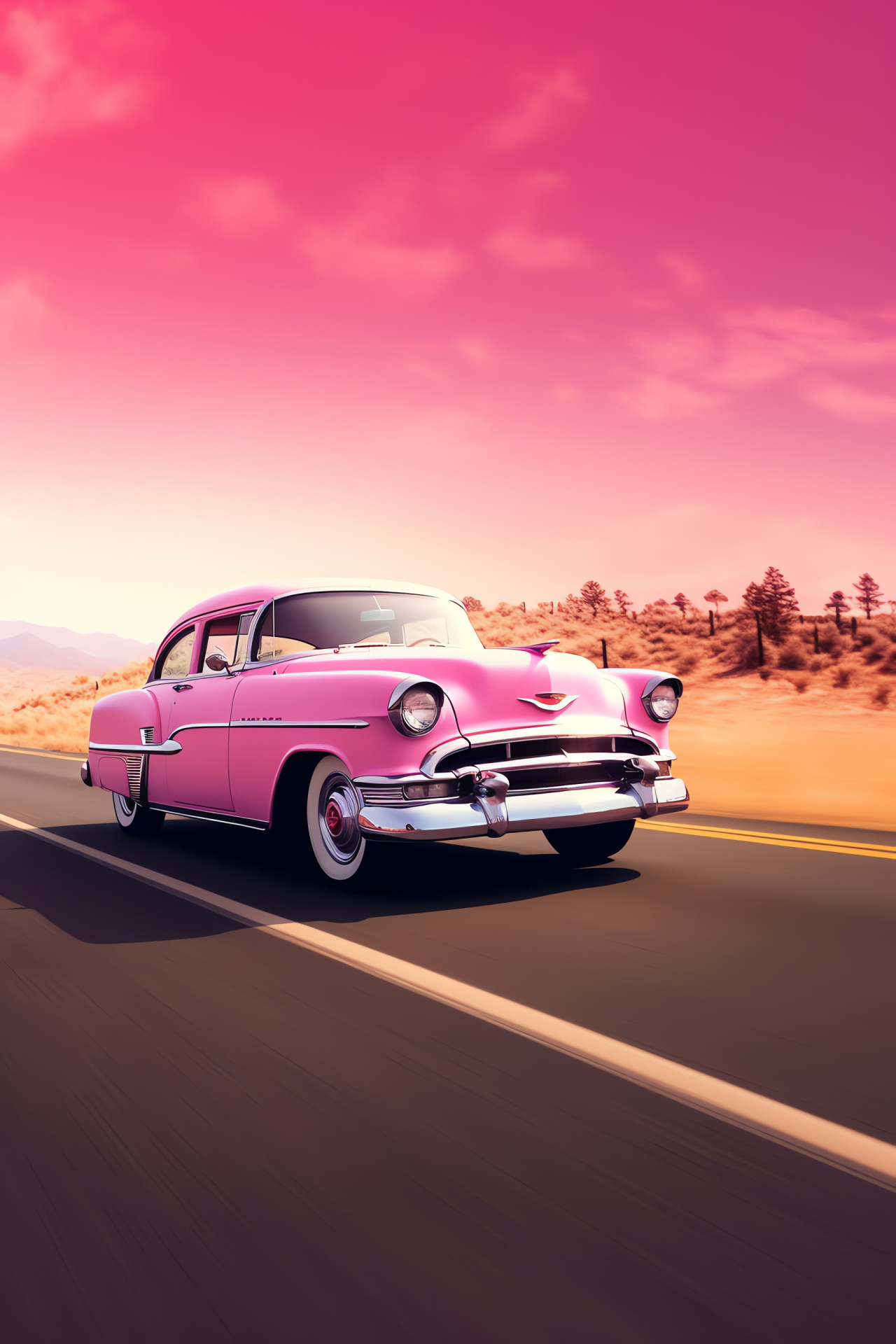 Classic pink car, Vintage auto collection, Open highway, Nature surroundings, Automotive photography, HD Phone Wallpaper