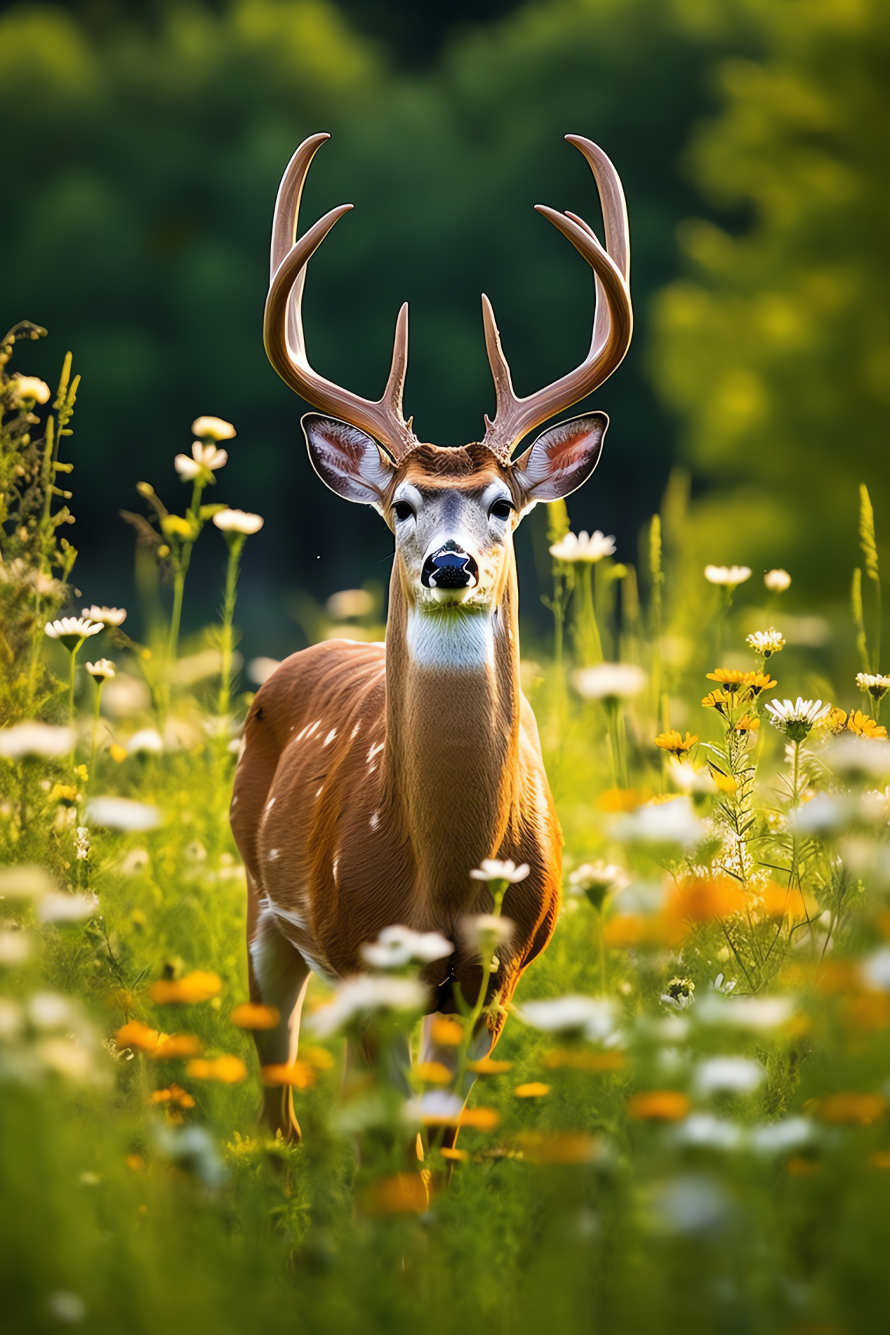 Whitetail Deer vitality, Buck in summer coat, Youthful spot pattern, Early antler growth, Verdant habitat, HD Phone Image