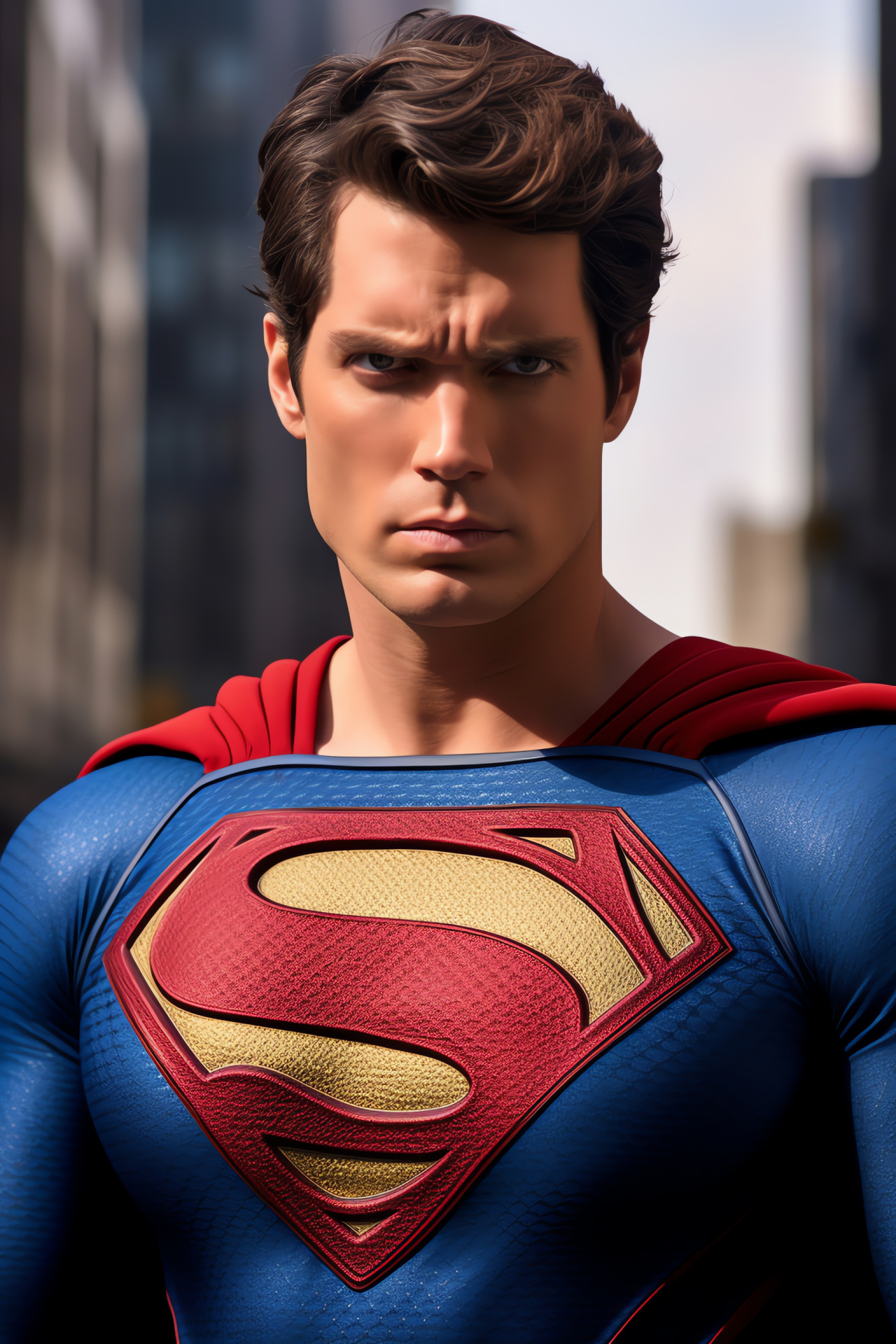 Comic book hero, Superman's symbolic attire, Gleaming S emblem, Heroic blue-eyed gaze, Fictional city of Metropolis, HD Phone Wallpaper