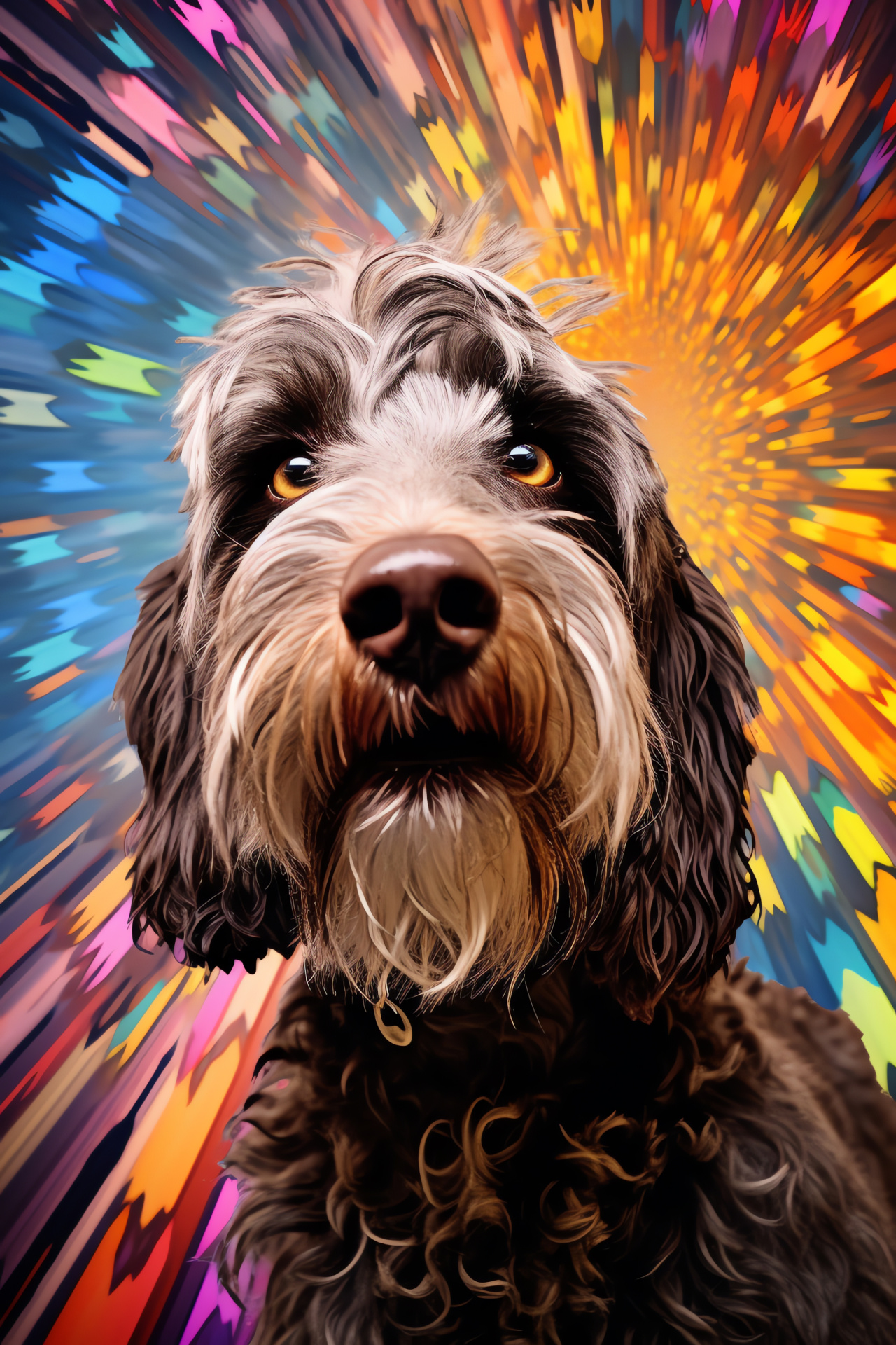 Canine character, voluminous mane, hypnotic patterns, expressive countenance, diverse palette, HD Phone Image