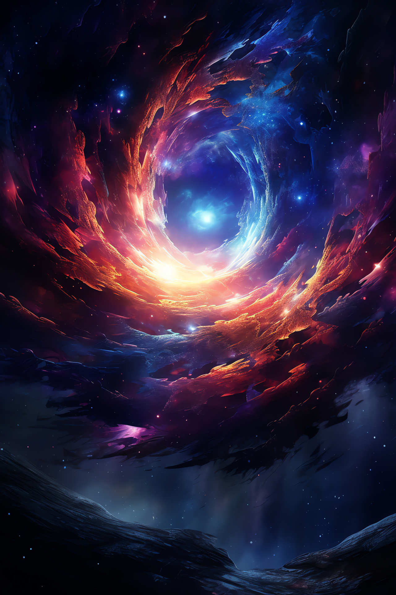 Temporal distortion, Cosmic vortex, Immense void, Interstellar hues, Swirling dynamics, HD Phone Wallpaper