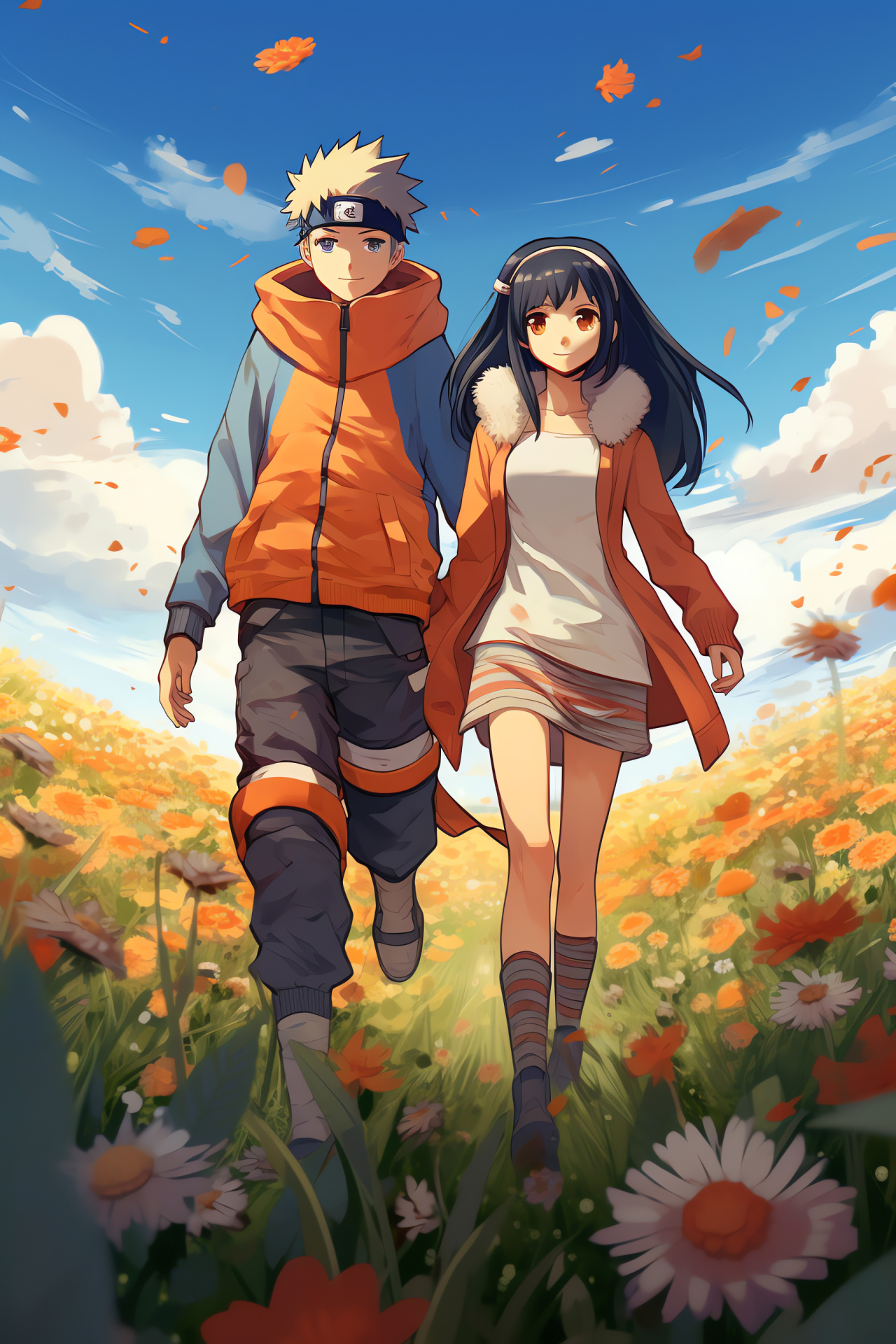 Unison stride, Connected spirits, Clasped grips, Naruto's iconic outfit, Hyuga heiress, HD Phone Wallpaper