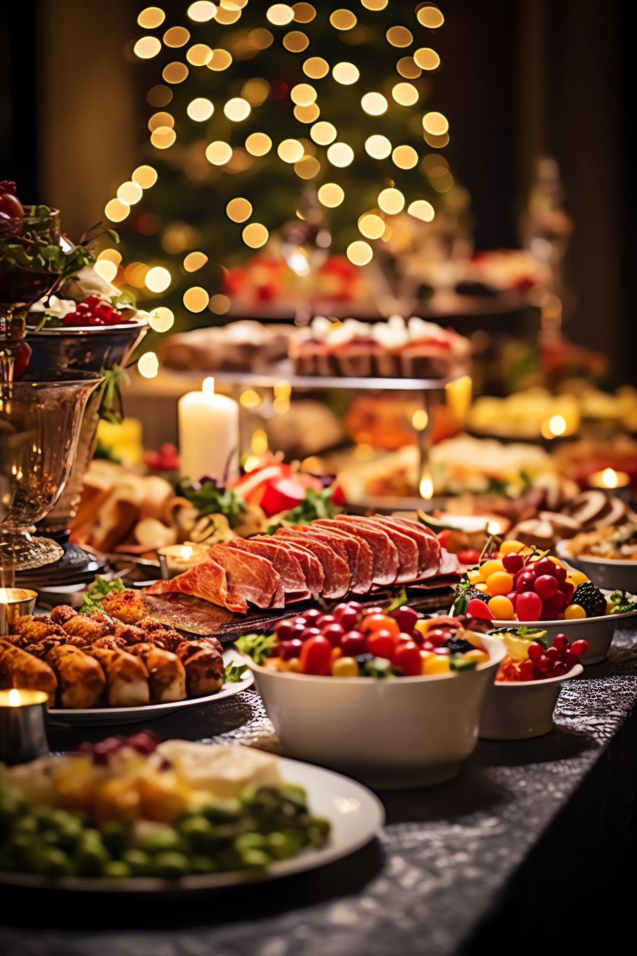 New Year's culinary feast, Gourmet spread, Decadent dining, Festive banquet elegance, New beginnings, HD Phone Wallpaper