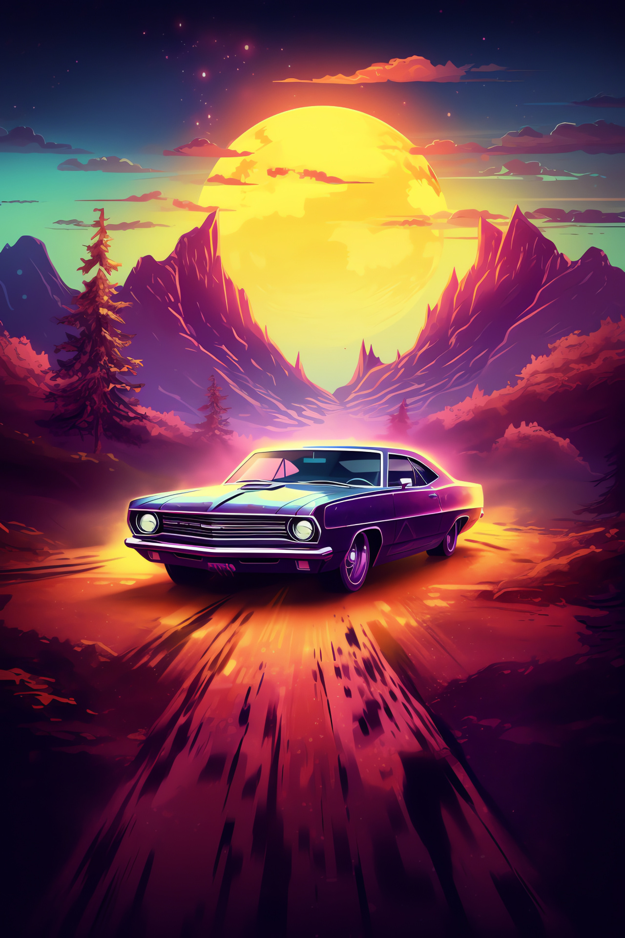 Classic muscle car, Panoramic dreamscape, Auto nostalgia, Fantasy setting, Picturesque vehicle view, HD Phone Wallpaper